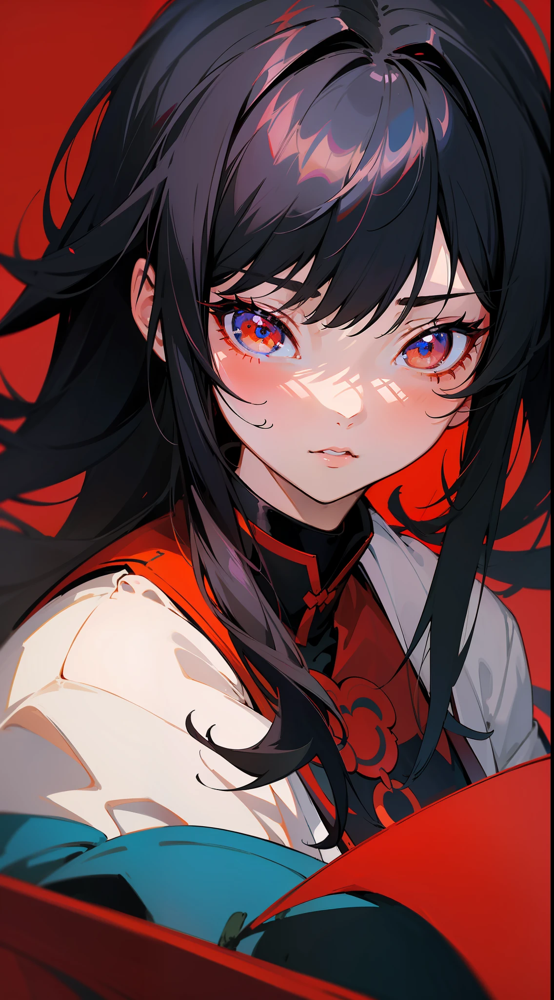 Anime girl with black hairstyle and red background, Guviz, Guviz-style artwork, a beautiful anime portrait, Stunning anime face portrait, detailed portrait of an anime girl, Beautiful character painting, Portrait of an anime girl, Beautiful anime woman, Beautiful anime girl, portrait anime girl, guweiz masterpiece, Japanese art style, anime woman