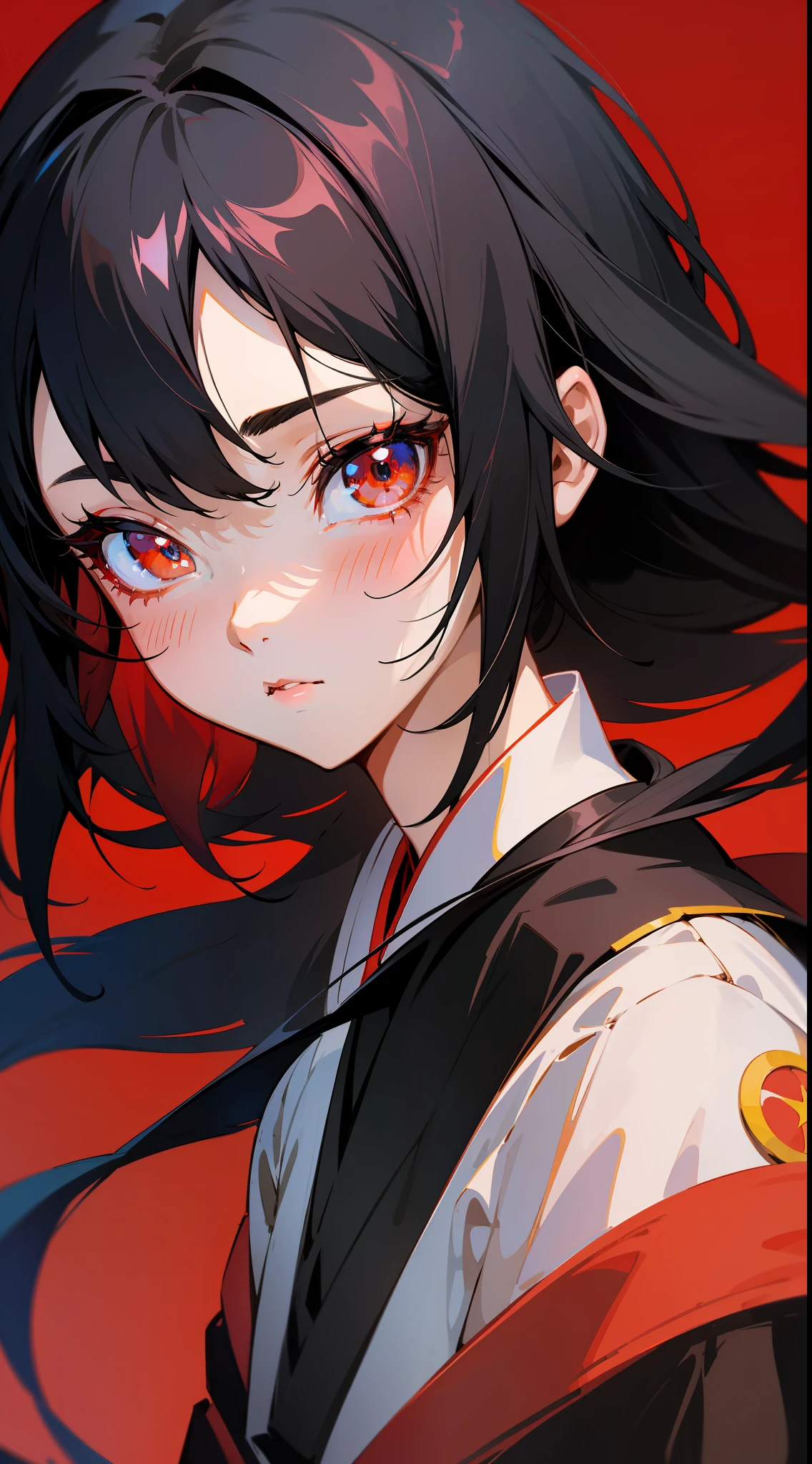 Anime girl with black hairstyle and red background, Guviz, Guviz-style artwork, a beautiful anime portrait, Stunning anime face portrait, detailed portrait of an anime girl, Beautiful character painting, Portrait of an anime girl, Beautiful anime woman, Beautiful anime girl, portrait anime girl, guweiz masterpiece, Japanese art style, anime woman