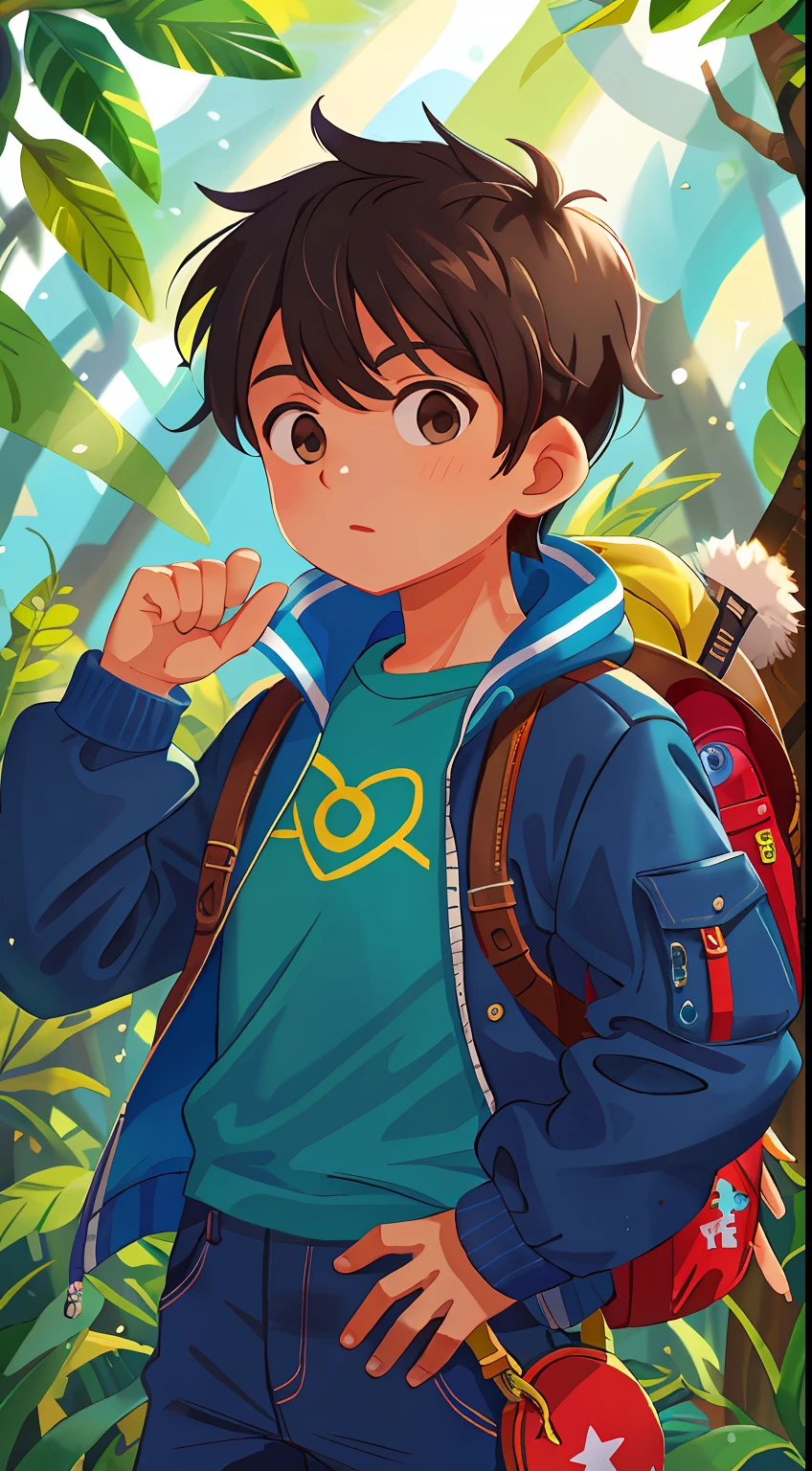 Um adolescente negro, aventura nas montanhas, jaqueta de couro azul, mochila, Geans pants , arvore da vida , criaturas magicas, , semente magica semente, , feliz, feliz, qualidade perfeita, foco claro (desordem - casa: 0.8), (obra-prima: 1.2) (realista: 1.2) (bokeh) (melhor qualidade) (pele detalhada: 1.3) (detalhes complexos) (8K) (olhos de detalhe) (foco nítido), (feliz), (corpo inteiro) (corpo inteiro proporcional), fundo limpo, long-vision composition, 85MM SHOT
