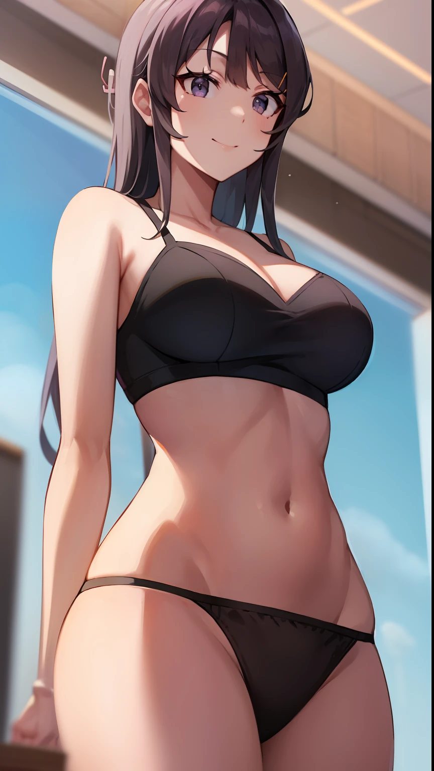 Mai Sakurajima, library background, Pale light, Smiling,sitted,from below,stocklings,Slim figure,pink panty,Pink lingerie,Shoot on the chest