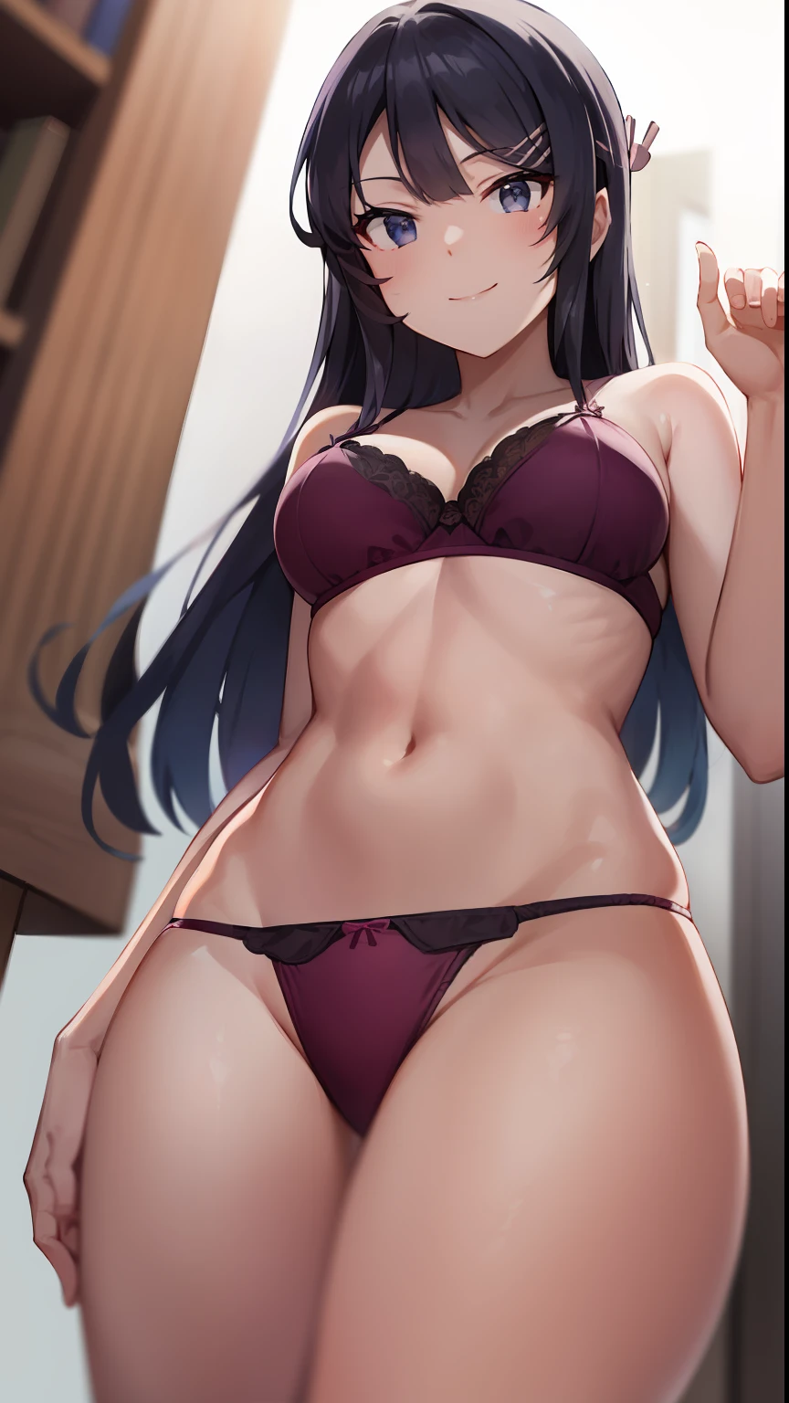 Mai Sakurajima, library background, Pale light, Smiling,sitted,from below,stocklings,Slim figure,pink panty,Pink lingerie,Shoot on the chest