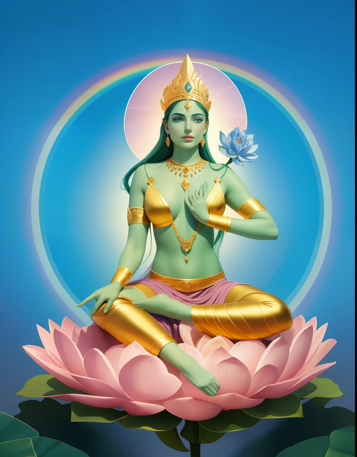 In the void, A beautiful virgin sits leisurely,A lotus flower is pinched in his hand,The face is slightly tilted,Perfectly curved posture,Delicate and radiant skin,Barefoot,(Long curved eyebrows),Beautiful eyes sparkle,The large, Jewel-like eyes sparkle,Clear pupils have reflected light,二重まぶた,Lying silkworm,looks into camera,((Plump and rosy lips)) Clearly visible,((Flushed cheeks)),The mandible is plump,Green skin is delicate and smooth,Delicate skin translucent,A delicate and dexterous crown,inlaid gemstones,Delicate and skillfully set gemstones,Perfectly designed jewelry is exquisite,Beautiful eyes looking directly at the camera,(((nice hand))),((((Good feet))),(((good legs))),realisticlying,white skinned,((Correct body structure)),Golden costume,Blue sky,Head background with round light,Behind him is a colorful rainbow circle,Color glow is turned on,Front lighting,Positive light,No shadows on the face,There are no shadows on the body,Blue sky,Unreal space,ethereal world,dreamworld,with blue sky and white clouds,tmasterpiece,4K,ultra-definition,professional photoshooting,Perspective looks up,Standard lens shooting,