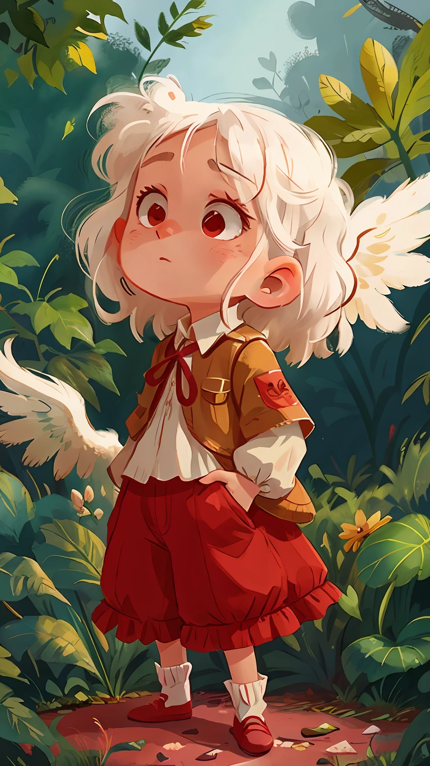 A girl, white hair, angel and eyes red