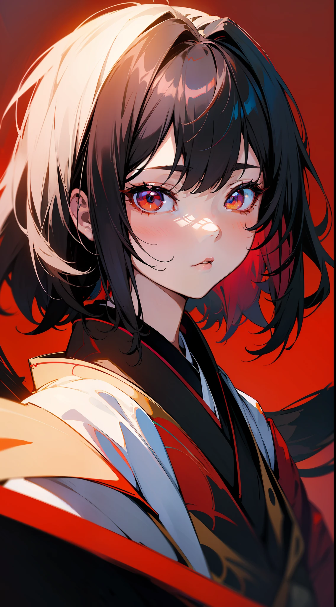 Anime girl with black hairstyle and red background, Guviz, Guviz-style artwork, a beautiful anime portrait, Stunning anime face portrait, detailed portrait of an anime girl, Beautiful character painting, Portrait of an anime girl, Beautiful anime woman, Beautiful anime girl, portrait anime girl, guweiz masterpiece, Japanese art style, anime woman