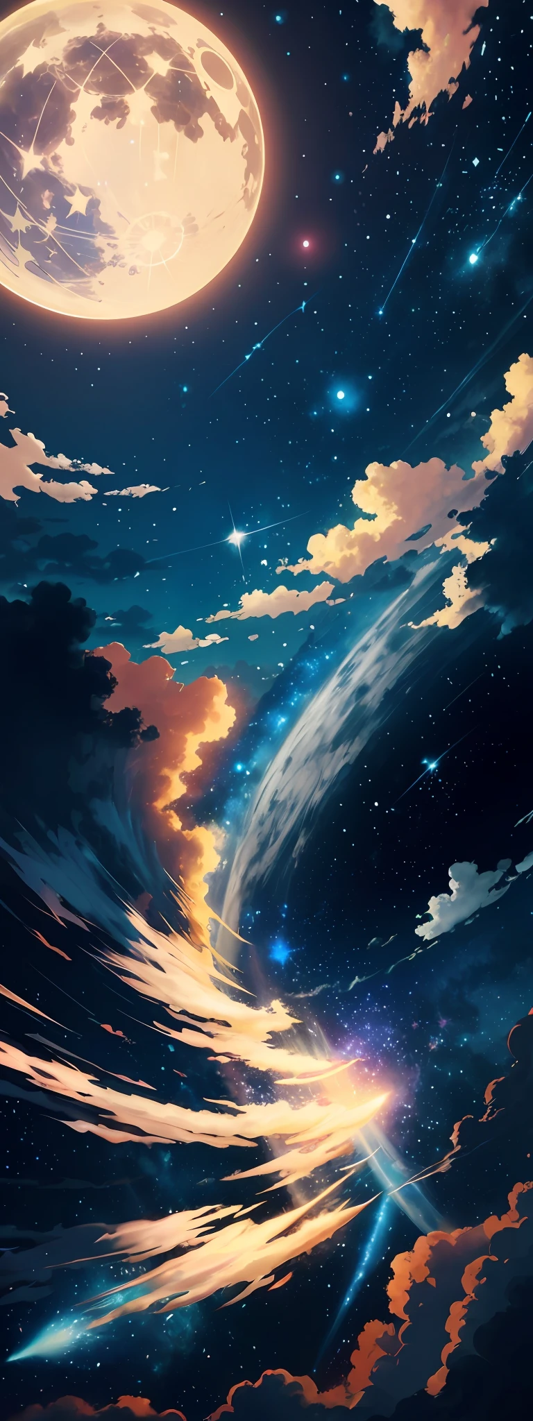 "Merge the breathtaking sky, a mesmerizing sky full of enchanted stars, into an extraordinary and captivating illustration."