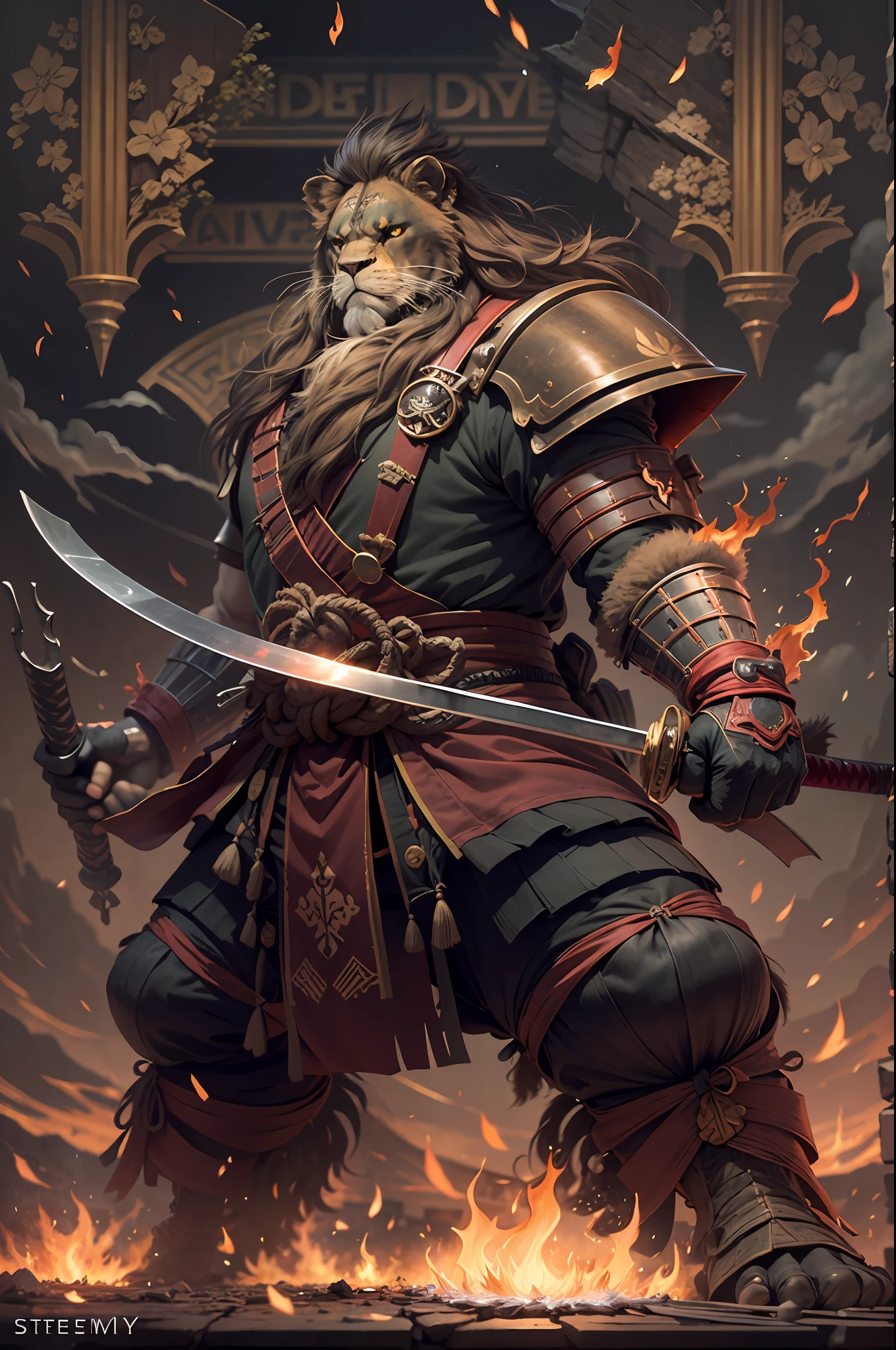 (anthropomorphic turtle),(Lion Samurai:1.4),Super tall,The limbs are very stout,Look at me condescendingly,disdain,despise,The long hairs of the flame fluttered in the wind,combats,Dynamic lines,Dimly lit battlefield,fire glow,Ruined castle,(stereoscopic perspective:1.4),Works of masters,super-fine,4K分辨率,high qulity,电影灯光,High picture detail,Detailed pubic hair,Epic shooting,Clearly focused hair,Detailed hair depiction,acurate