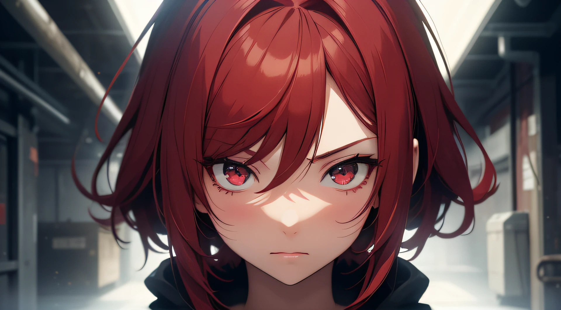1girl, anime girl, red hair, messy hair, , (((standing))), (big tits), (master piece), red eyes, (curious), (blushing), (dark basement)), (((dark lighting))), perfect body, (hoddie), full body, ((ultra realistic eyes)) ((detailed face)), DSLR photography, sharp focus, ((cinematic lighting)), ISO 200, 8K, RAW, unedited, symmetrical balance, in-frame, symmetrical face, symmetrical body, symmetric hands