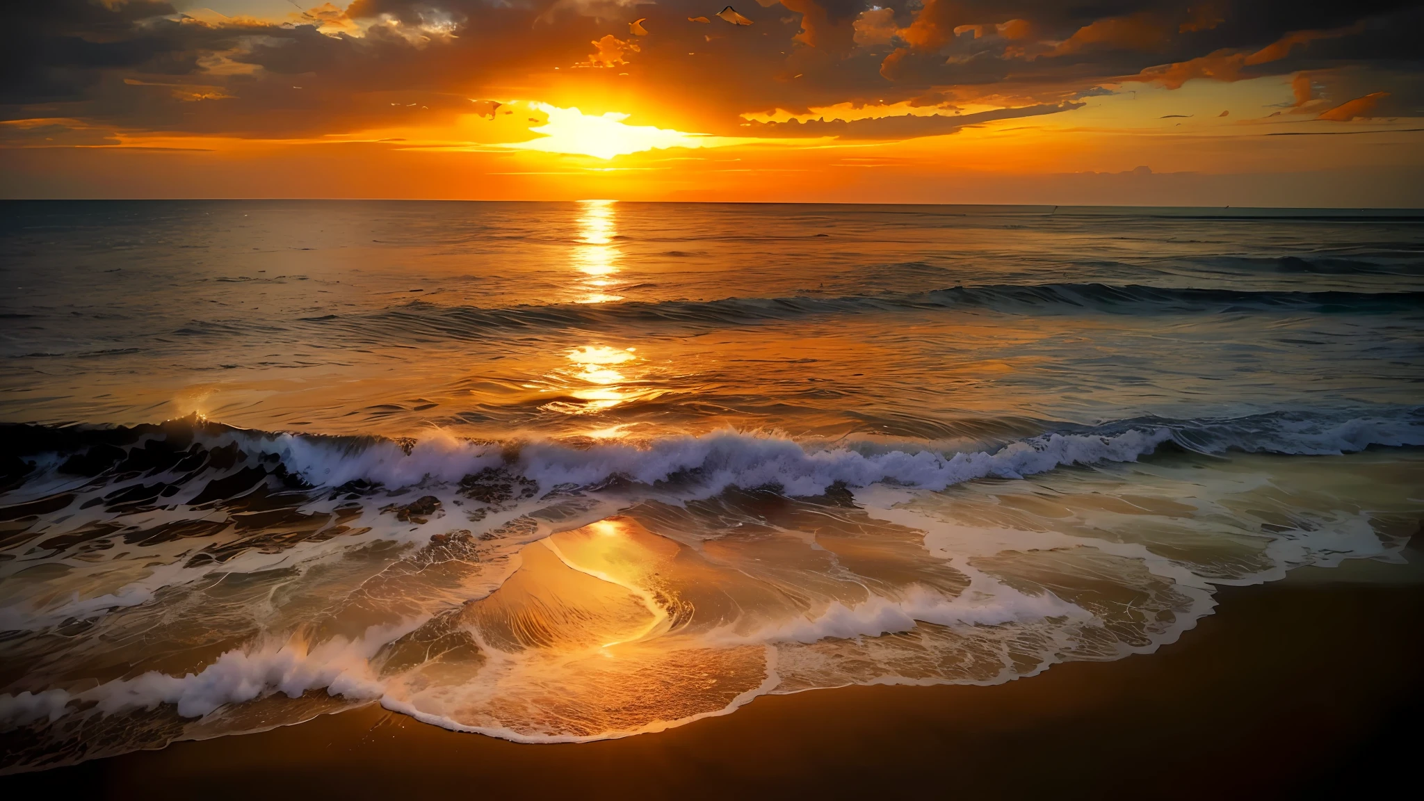 An absolutely mesmerizing sunset over the beach, with a blend of oranges, pinks, and yellows filling the sky. Crystal-clear waters of the sea gently kissing the shore, with sandy white beach stretching far and wide. The scene is dynamic and breathtaking, with seagulls soaring high in the sky and gently swaying palm trees. Take in the calming atmosphere and let the peacefulness wash over you.