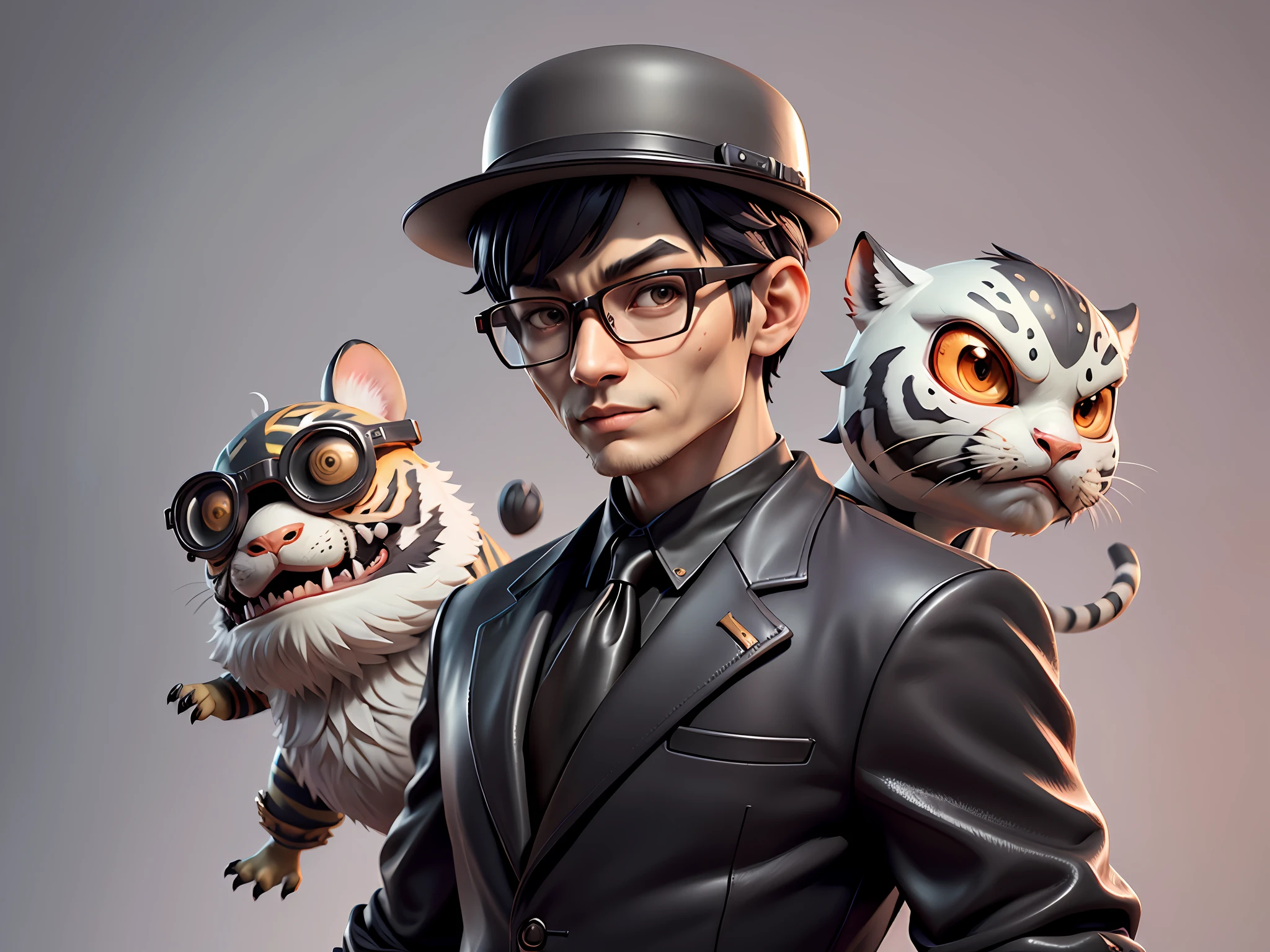 Young man with oriental face in leather hat, tiger, oriental face in formal suit, short black hair, silver glasses, digital painting, 3D character design by Mark Clairedon and Pixar and Hayao Miyazaki and Akira Toriyama, the illustration is a high-definition illustration in 4K resolution with very detailed facial features and cartoon-style visuals.