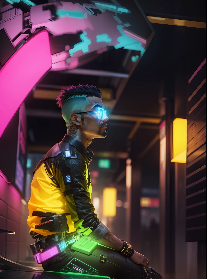 Cyberpunk background handsome and realistic face 4k I want a 4k cyberpunk style image of a man in his 50s , strong con, Black skin ,80s style punk hair in yellow and dark gray,Very e Legante,, Futuristic and stylish neon , With super colorful tattoos and neon ,Thote To, Facing the subway station of the platform , Station lighting fails in a dim environment, Standing in dark yellow suit and pink bow tie