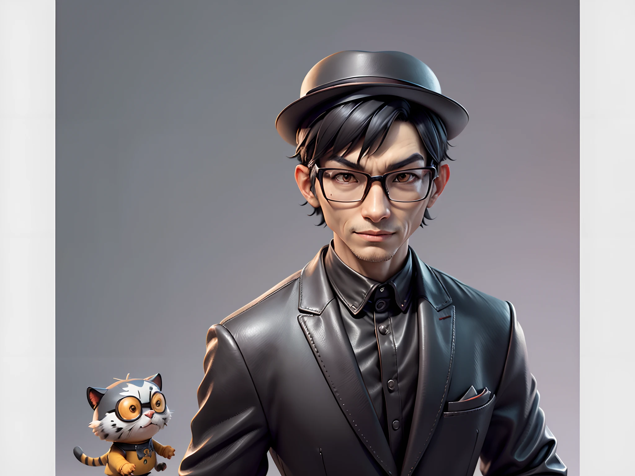 Young man with oriental face in leather hat, tiger, oriental face in formal suit, short black hair, silver glasses, digital painting, 3D character design by Mark Clairedon and Pixar and Hayao Miyazaki and Akira Toriyama, the illustration is a high-definition illustration in 4K resolution with very detailed facial features and cartoon-style visuals.