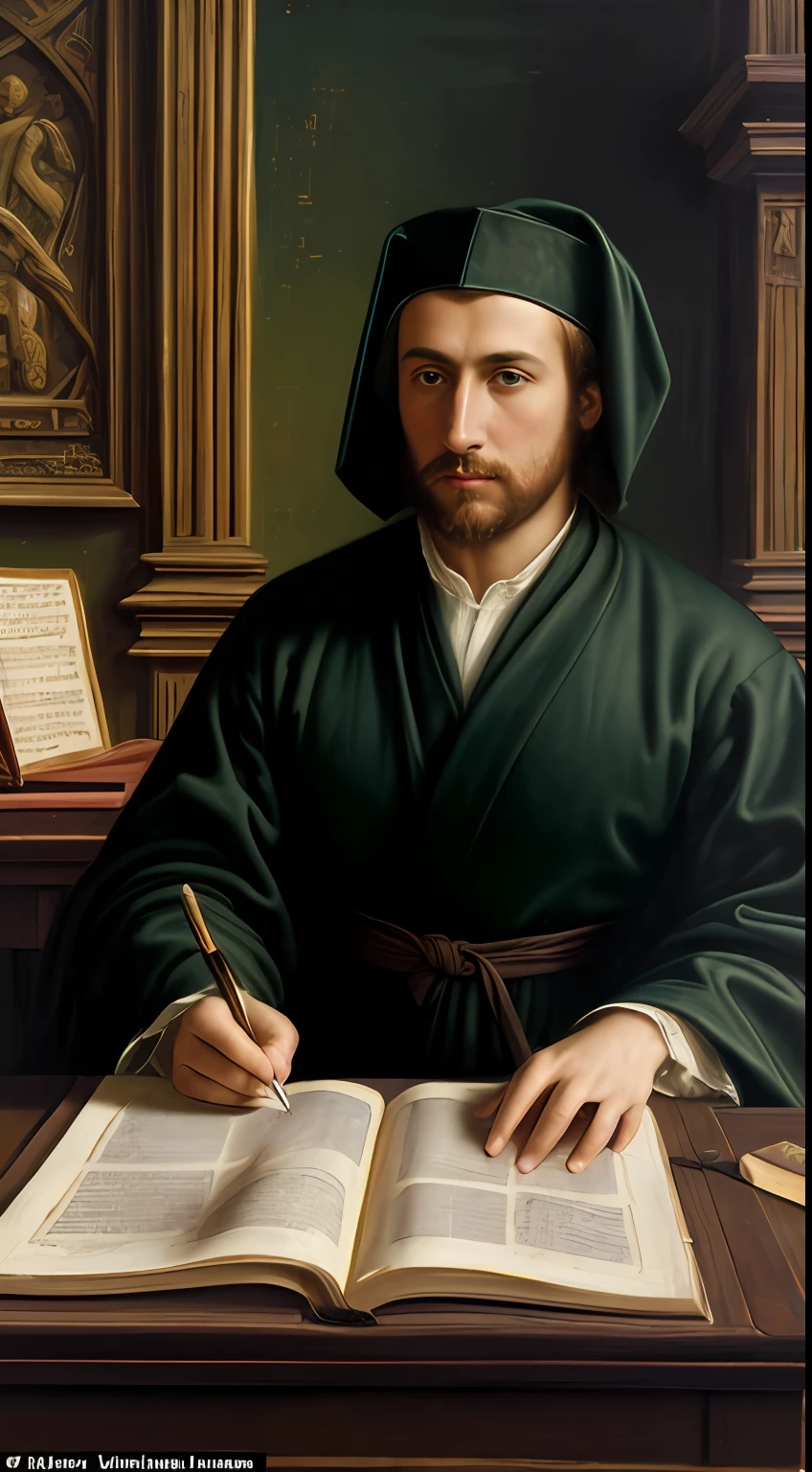 (masterpiece, oil painting, best quality:1.3), Lorenzo Valla, 15th century, (intense, contemplative eyes:1.2), (robes of a humanist scholar:1.1), parchment in hand, writing quill, surrounded by manuscripts, wooden study desk, glowing candlelight, richly detailed backdrop of a Renaissance library, warm colors, side view, intricate details.