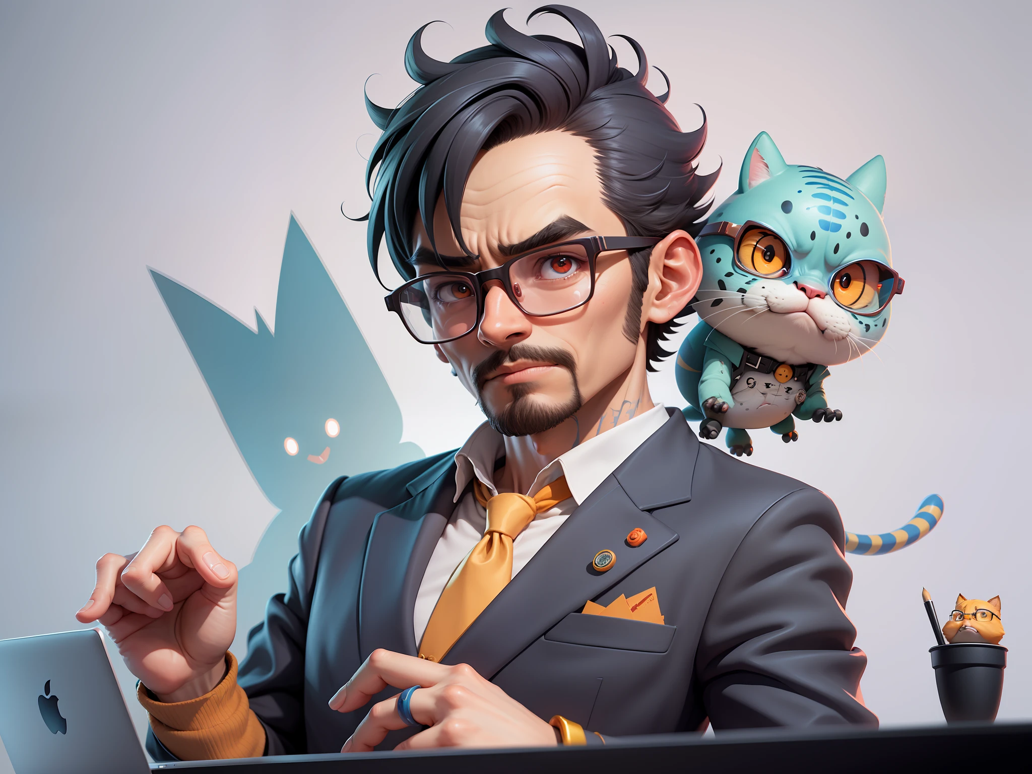 A young man in a suit, Short hair and glasses sat at his desk，holding laptop，digitial painting，tigre，3D character design by Mark Clairen and Pixar and Hayao Miyazaki and Akira Toriyama，4K HD illustration，Very detailed facial features and cartoon-style visuals。