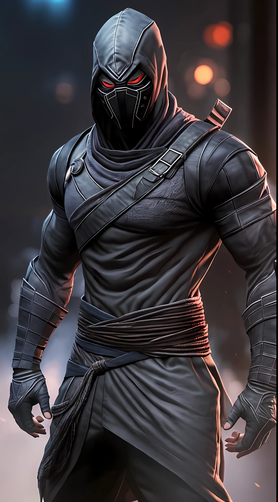 profesional lighting, HDR, ultra realista, 8K分辨率 , Ninja assassino , roupa branca , white mask , corpo atletico , na cidade noturna. Realista , base de modelo Noob saibot ( MK )