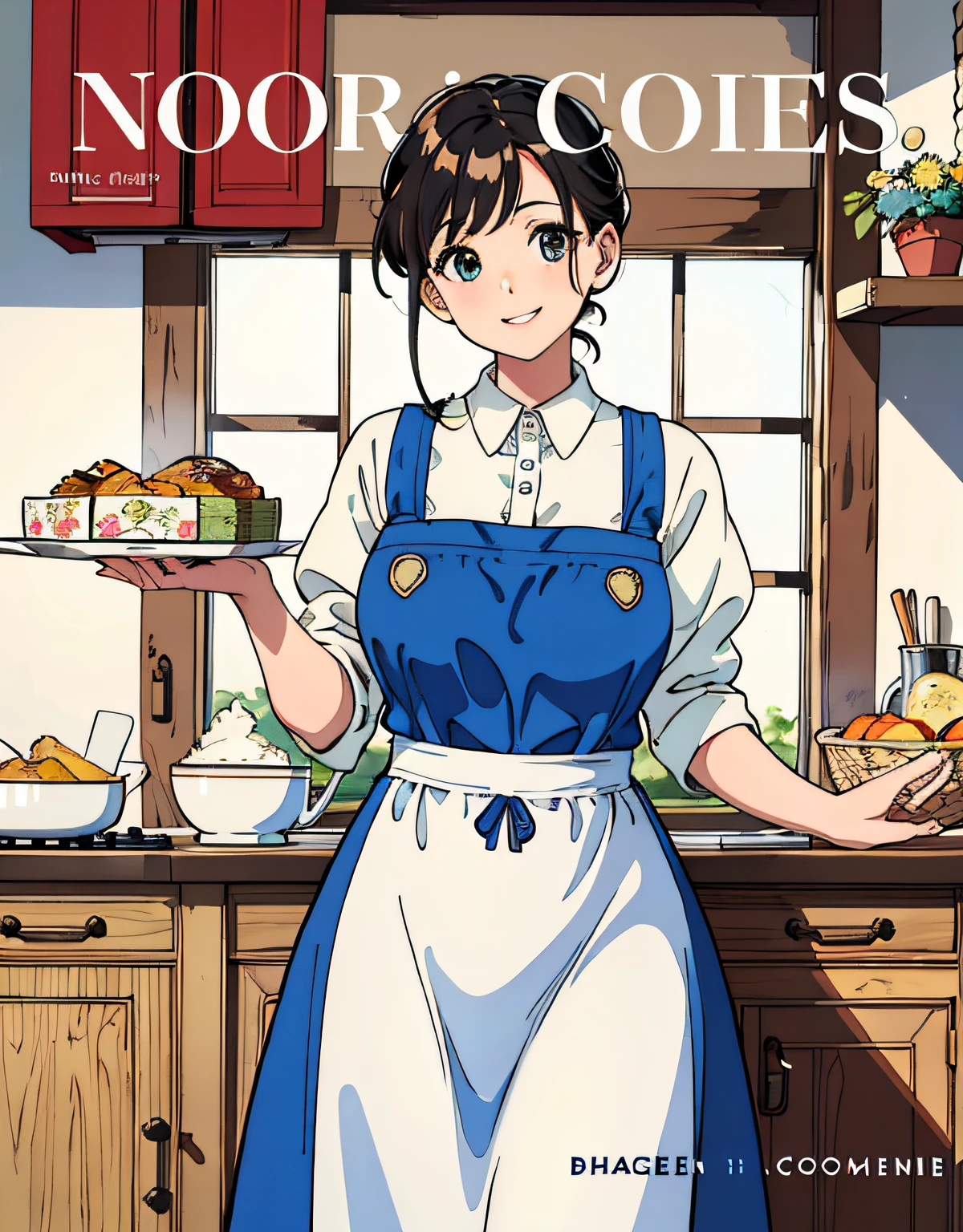 (Best Quality, Masterpiece), Front cover of a women's cooking magazine, 1girl, 30 years old, stunning, cute, heartwarming smile, hourglass figure, wearing floral dress, pinny apron, beautiful food, text, diagrams, advertisements, magazine title