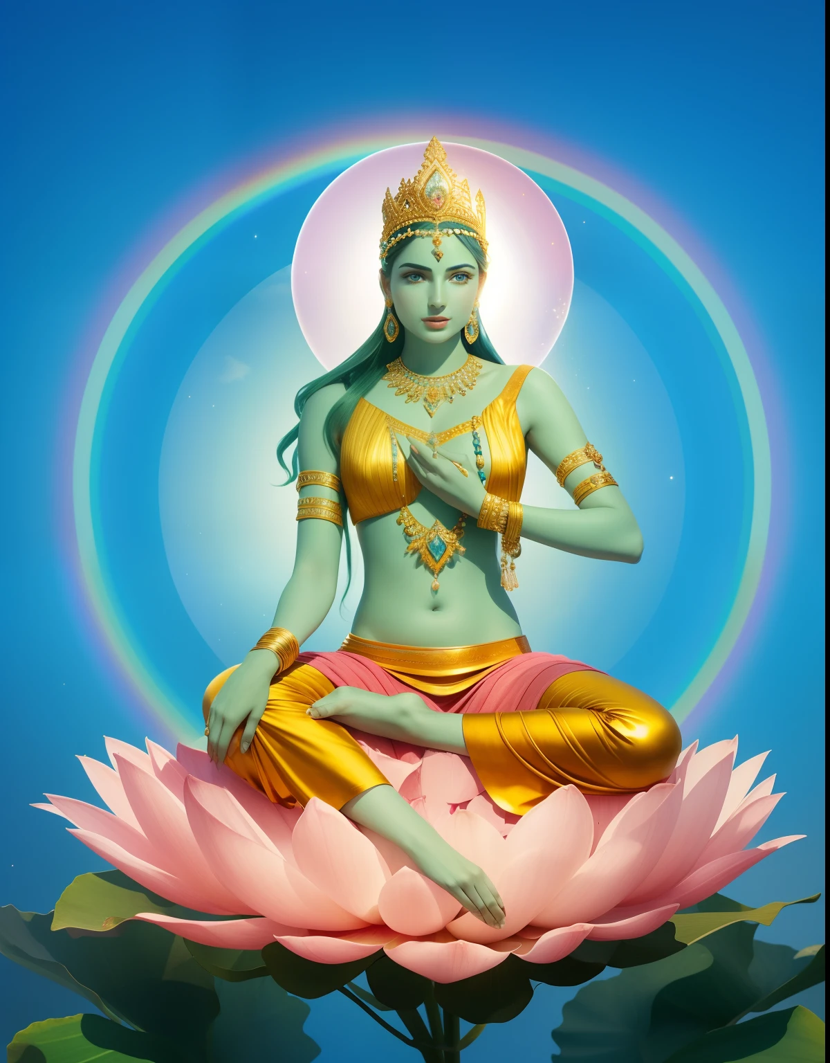 In the void, Beautiful virgin sitting leisurely,A lotus flower squeezed in his hand,The face is slightly tilted,Perfect curved posture,Delicate and radiant skin,Barefoot,(Long curved eyebrows),Beautiful eyes sparkle,The large, Jewel-like eyes sparkle,Clear pupils have reflected light,二重まぶた,Lying silkworm,looks into camera,((Plump and rosy lips)) Clearly visible,((Flushed cheeks)),The mandible is plump,Green skin is delicate and smooth,Delicate skin translucent,A delicate and dexterous crown,inlaid gemstones,Delicate and skillfully set gemstones,Perfectly designed jewelry is exquisite,Beautiful eyes looking directly at the camera,(((nice hand))),((((Good feet))),(((good legs))),realisticlying,white skinned,((Correct body structure)),Golden costume,Blue sky,Head background with round light,Behind him is a colorful rainbow circle,Color glow is turned on,Front lighting,Positive light,No shadows on the face,There are no shadows on the body,Blue sky,Unreal space,ethereal world,dreamworld,with blue sky and white clouds,tmasterpiece,4K,ultra-definition,professional photoshooting,Perspective looks up,Standard lens shooting,
