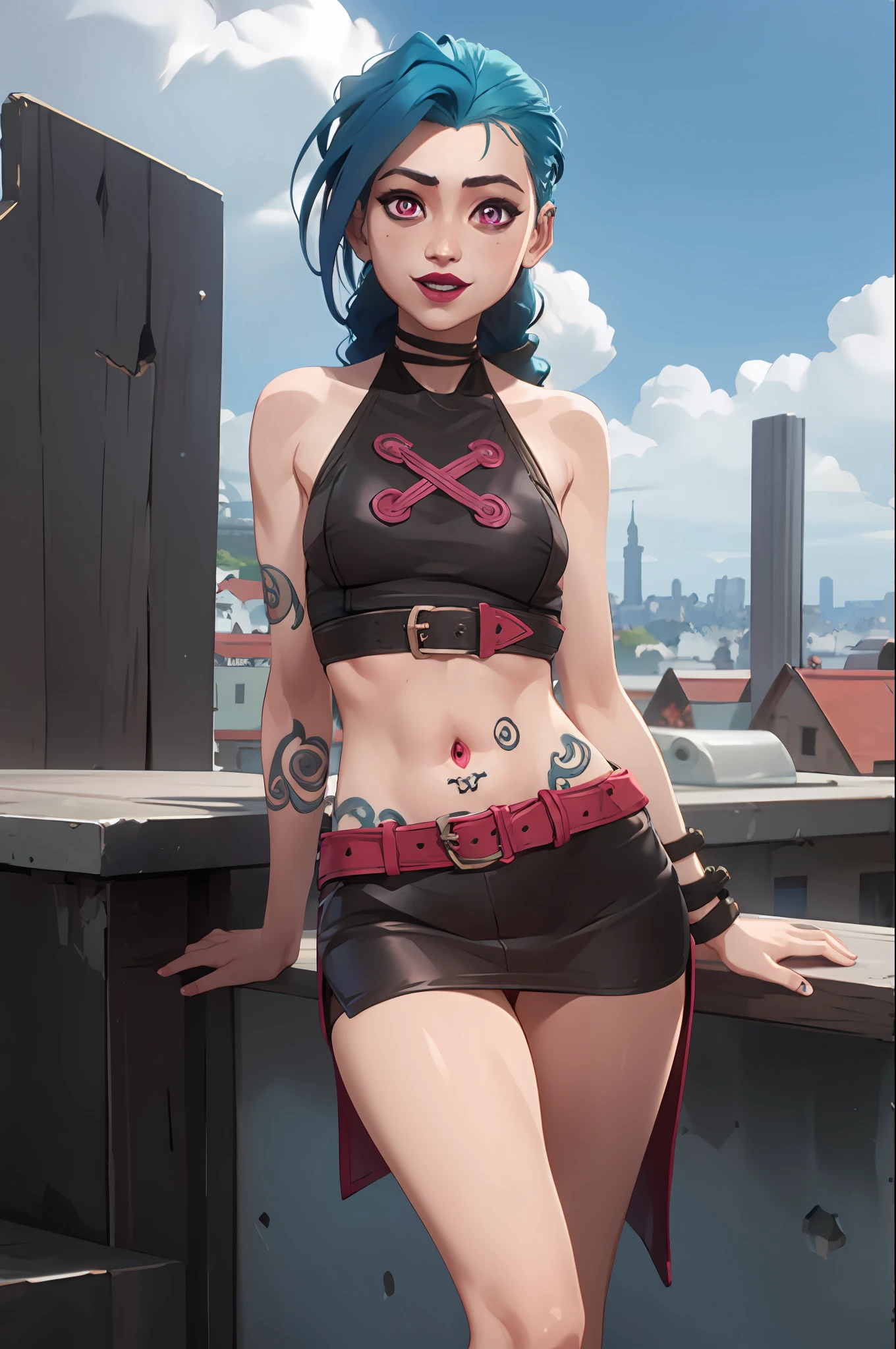 arcane style, 1girl, NSFW, naked, whore, pussy offer, arm tattoo, asymmetrical bangs, bangs, blue hair, braid, cloud tattoo in only arm, looking at viewer, small tits, smiling, blured city background, green hair, long hair, midriff, pink eyes, red lips, solo, tattoo, twin braids, arcane jinx, jinx \(league of legends\), no clothes