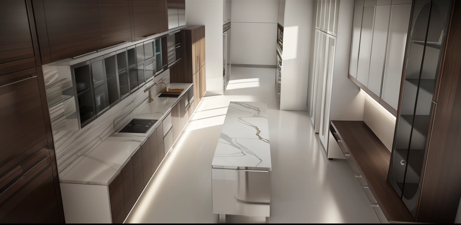 Modern kitchen cabinet design, 1 kitchen island, 1 glass wing wardrobe, 1 hanging cabinet desk, render vray, super sharp, super realistic, full HD quality