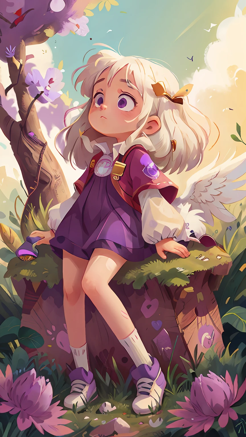 A teen girl, white hair, angel and eyes purple
