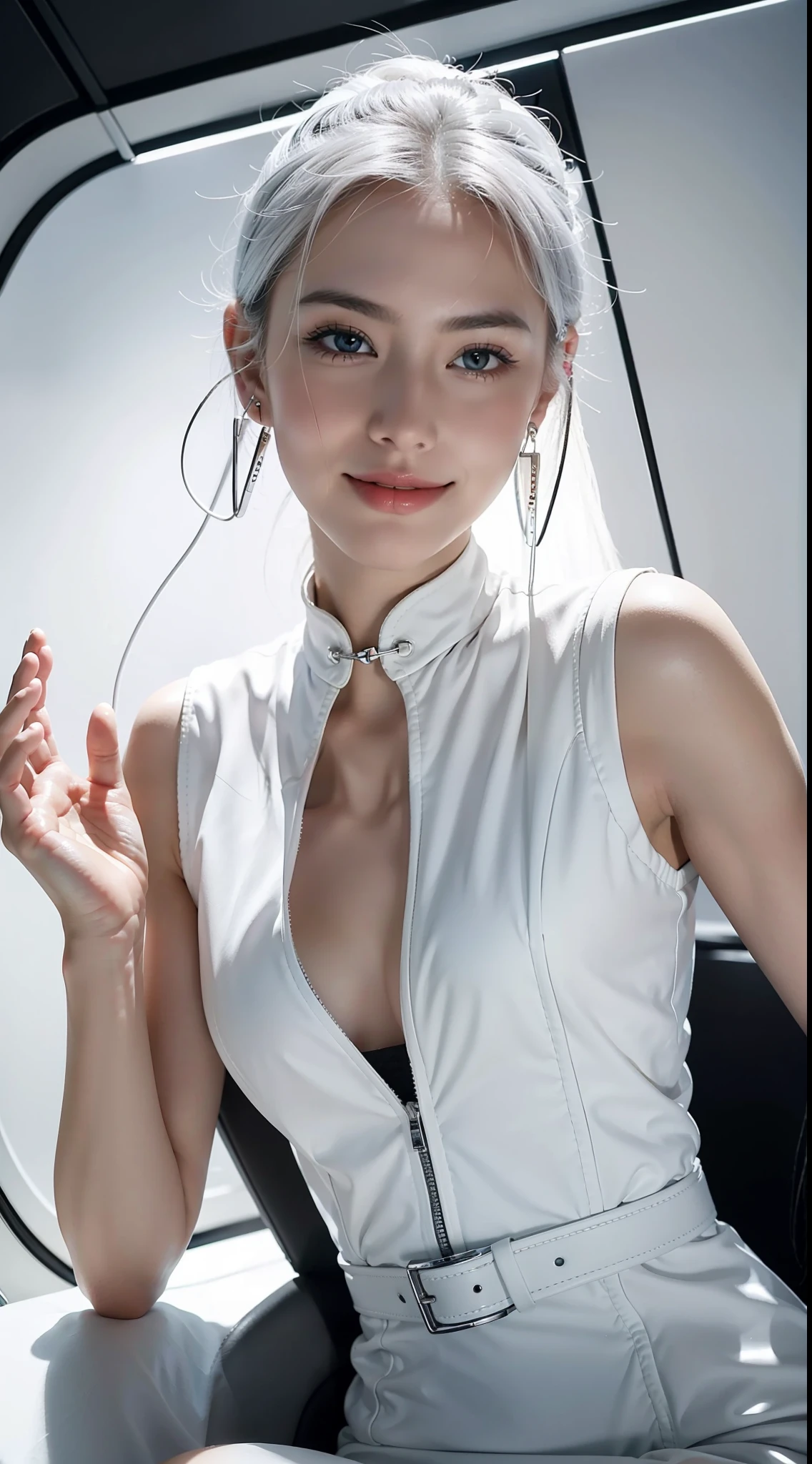 The enchanting woman raised her hand happily　Perfect beauty　Beautiful white skin　beautidful eyes　glossy lips　Lovely smile　White hair　Playing electric guitar　Sit on the　There is a tattoo from the neck to the chest　The vest is attached to the body，Designed in white and black　Functional　Earphone　Inside the spacecraft