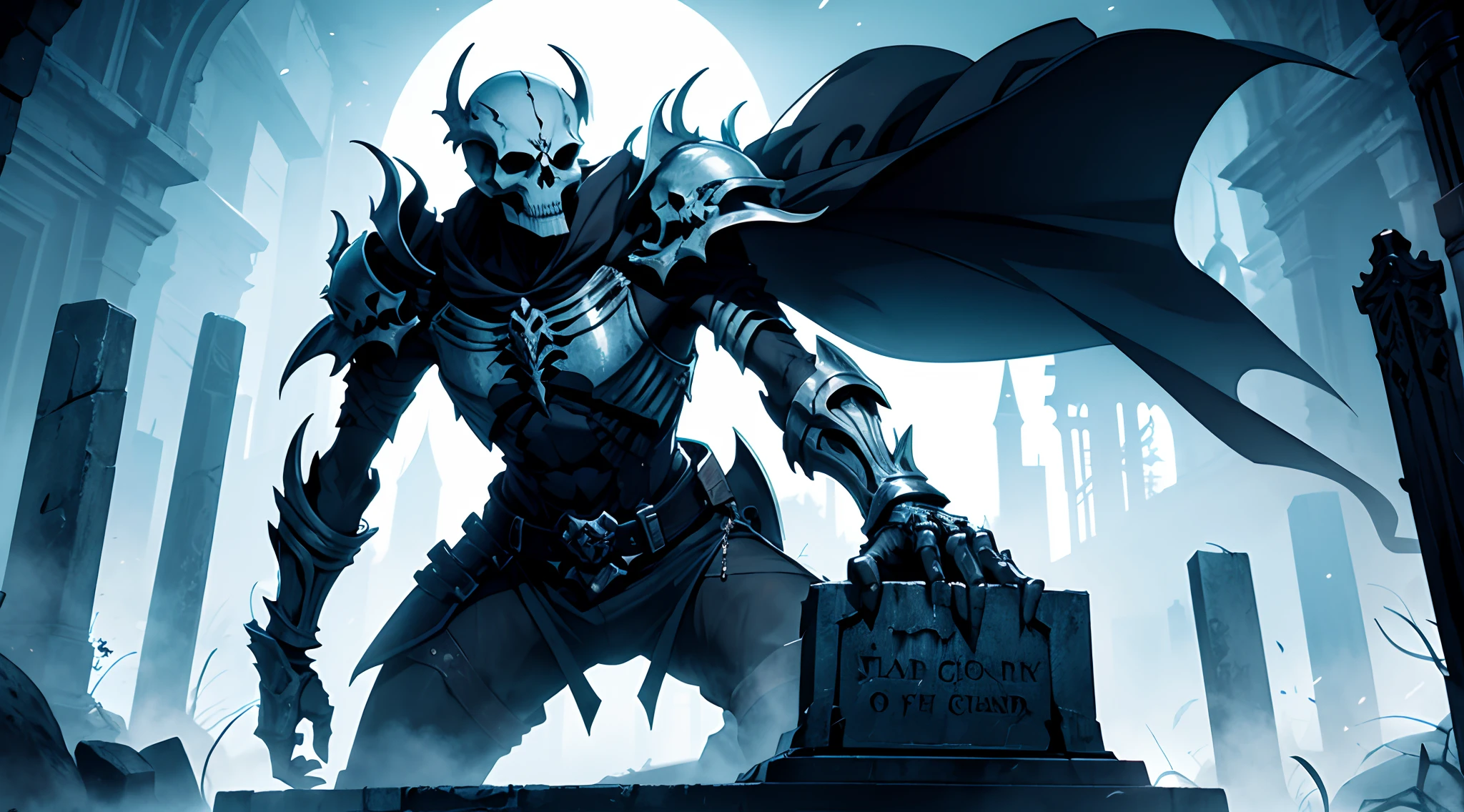 A guardian of the dead, legendary skeletal warrior, (solo), on top of a tomb, medieval fantasy, fantasy, skull face, light sword, legendary, colorful, horror atmosphere