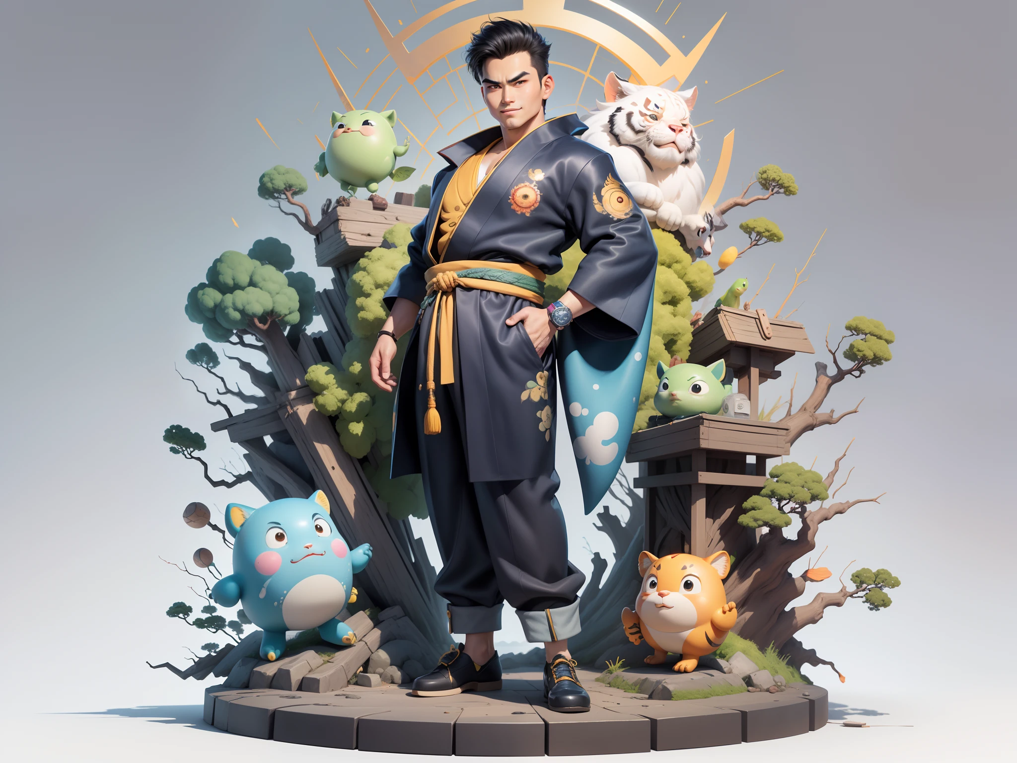 (Masterpiece), (Excellent), (Super Meticulous), (Full Body: 1.2), Super Young Man, Oriental Face, Japanese Kimono, Japanese Wind Thunder God, Dragon, Tiger, TV Anchor, Bust Portrait Illustration, Alone, Black Suit, Blue Tie, Slightly Chubby Face, Very Clean Face, No Beard, Black Super Short Hair, Black Eyes, Confident Smile, 3c Computer Sub-Products, iPad, iPhone, Digital Painting, 3D Character Design by Akira Toriyama and Mark Claireden and Pixar and Hayao Miyazaki, The illustration is a high-definition illustration in 4K resolution with very detailed facial features and cartoon-style visuals.