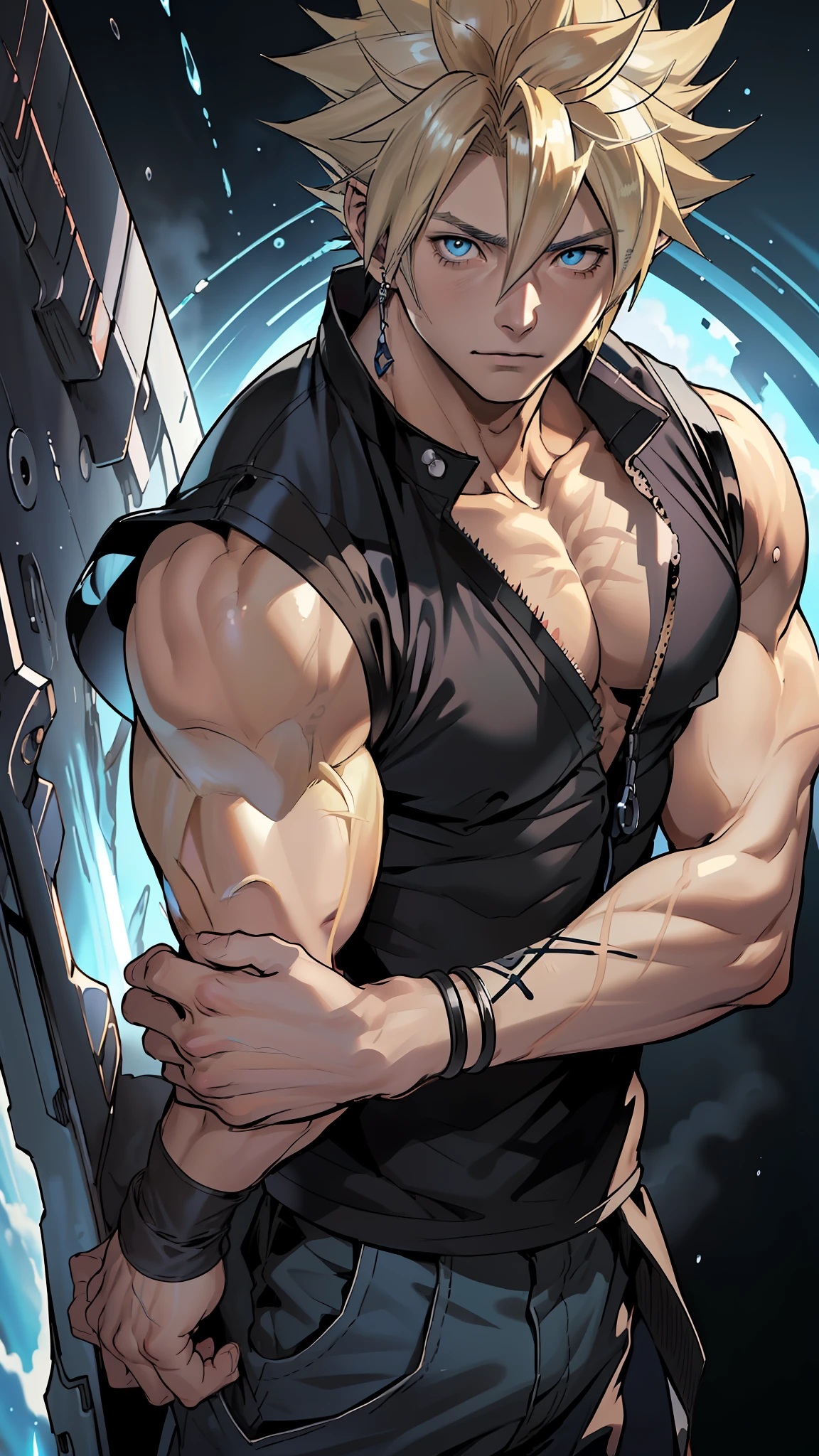 (anime) . Male (man ((Cloud Strife))), blue eyes, blond hair, black t-shirt, jean pant, in the space  . (Masterpiece: 1.8), (64k quality), (final fantasy artwork concept), detailed (manga eyes + hair + clothes + body + face + colors + shoulders + eyes (globular + transparent + liquid) + (sharper drawings) + (shiny jewelry) + (clothes folds) + (rounded eyes) + (consistent clothes) + (clothing features) + (eyes line), better (colorful + (coarser line) + (black line) + finishing . [Drawing] (Anime (Manga (Comics))) + (Coarse Line: 1.8) + (Black Line: 1.8) + (Color: 1.8) + (Clean: 1.8) + (Contrast: 1.8) + (Black Outline: 1.8) + (adjusted colors: 1.8) + (shadow set: 1.8) + (manga eyes: 1.8) + ((muscle: 1.8)) + ((bodybuilder: 1.8)), ((made homogeneous: 1.3))