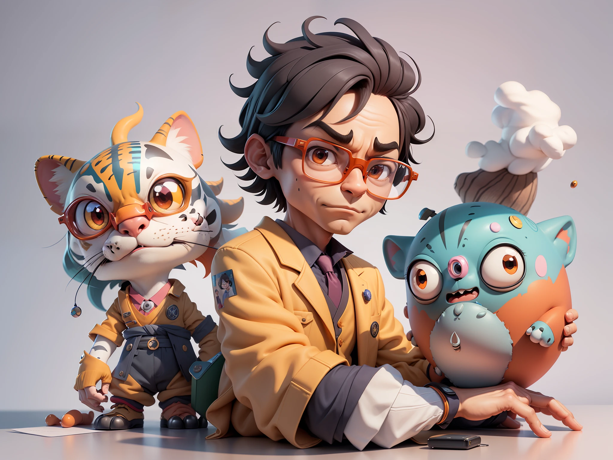 A young man in a suit, Short hair and glasses sat at his desk,holding laptop,digitial painting,tigre,3D character design by Mark Clairen and Pixar and Hayao Miyazaki and Akira Toriyama,4K HD illustration,Very detailed facial features and cartoon-style visuals。