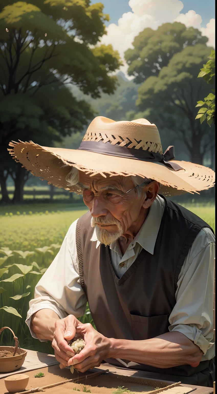 A scene of an elderly man with a straw hat and calloused hands, sowing seeds with care and determination in a vast and verdant field.