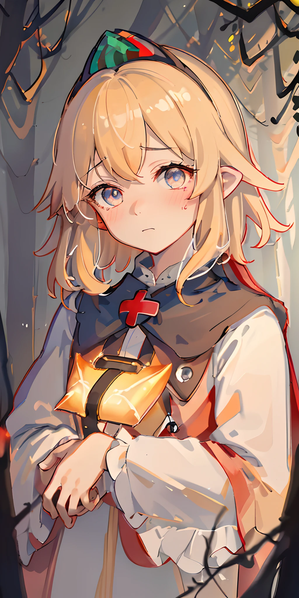 Very high quality, detailed, dark, forest, night dark, glow, 1girl, glowing,blonde, crown, ****, short hair, Upper body, middle of forest, detailed eyes, tear, blushed, dark forest, shadow, detailed face, very detailed eyes, glowing eyes, shadow in face, look at Camera, more colorfull, red cross uniform, red cross, uniform, white, red cross