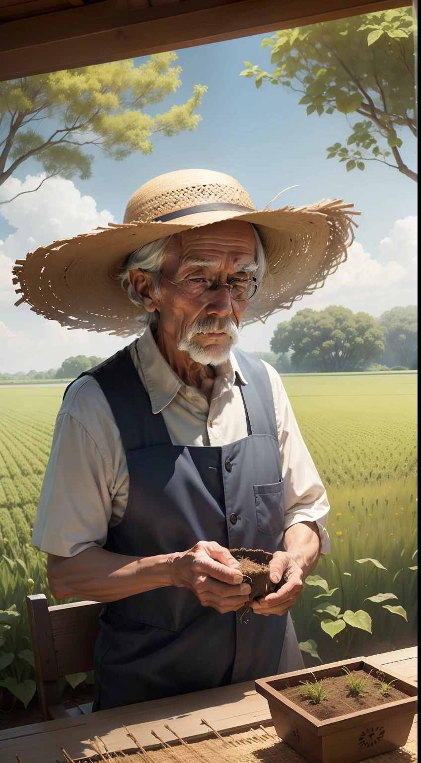 A scene of an elderly man with a straw hat and calloused hands, sowing seeds with care and determination in a vast and verdant field.