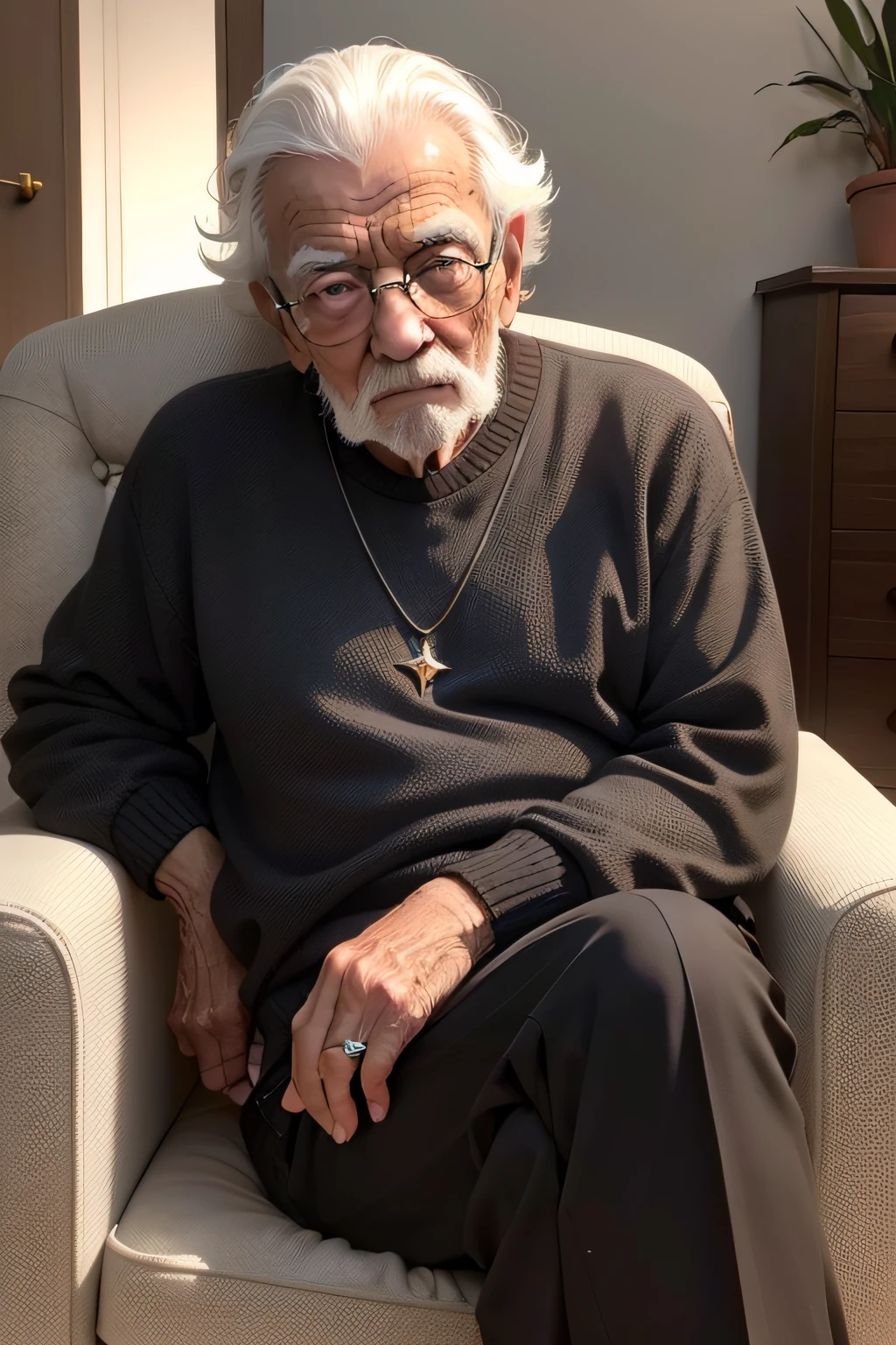 homem velho (cerca de 80 anos de idade) pele preta, desgastado, cabelos brancos, olhos evidentes, olhos castanhos, expression marks on the face in high quality, olhos brilhantes e vividos, wearing sweater, a black pants, qualidade exepcional, olhando para frente, casa velha, sitting in a comfortable armchair, raia de luz solar batendo no rosto, pose casual, esthetic, intrincada, caustic, raios de luz, luz solar, imagem frontal,