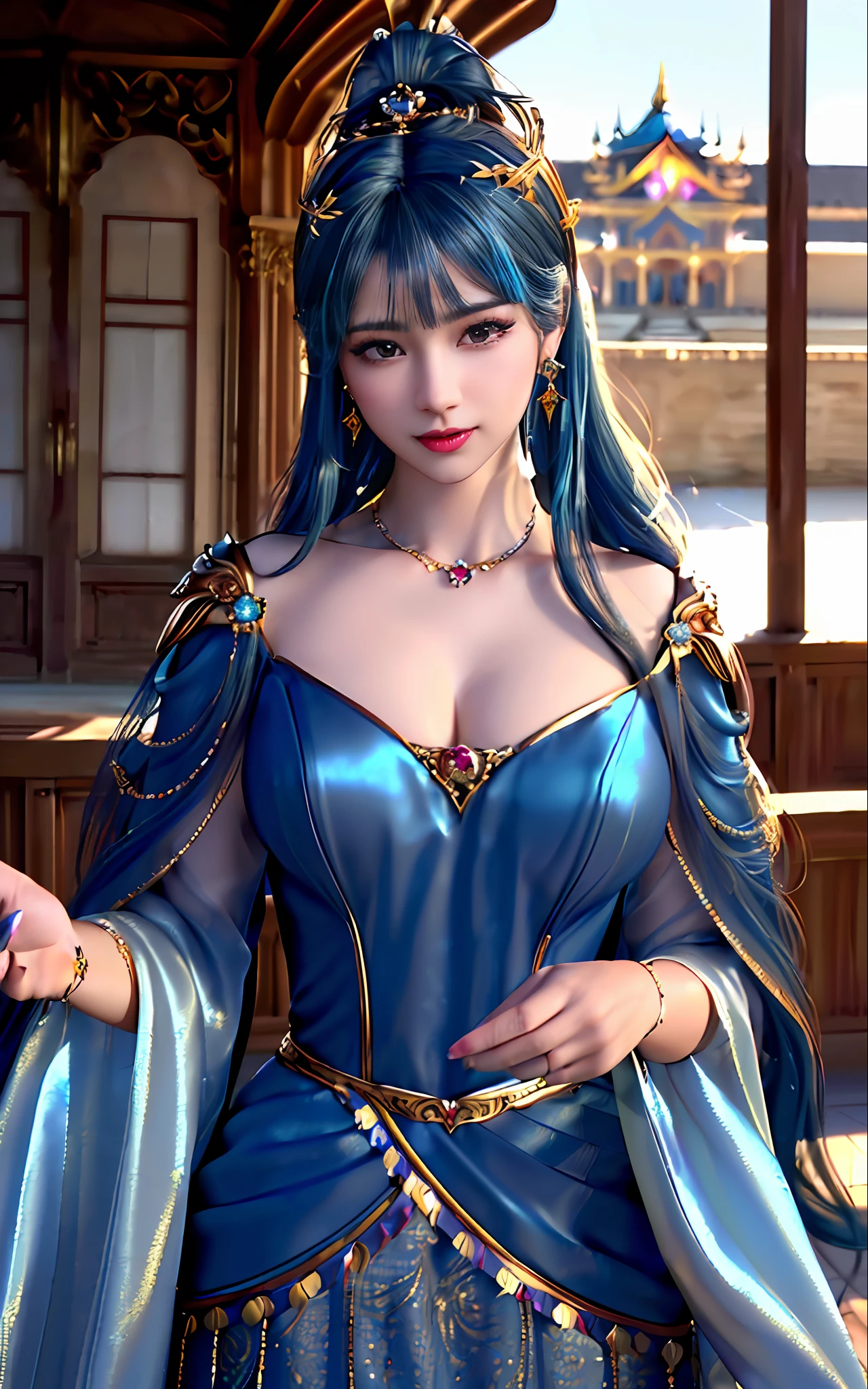 ((realisticity: 1.2)), ((best resolution: 8K UHD)), best quality,masterpiece,highres,cg,
((1 super detailed and super realistic girl)), ((very beautiful queen dazzling, super realistic, and super detailed)),((white skin, beautiful, smooth, youthful, super realistic and super detailed
)), long hair, ((super realistic and super detailed dress)), solo, ((super realistic, super beautiful, gorgeous and super detailed jewelry)), ((super beautiful, super realistic and super detailed dark red and golden yellow dress)),
((super beautiful, super realistic, super detailed diamond filled earrings)),
((super beautiful, super realistic and super detailed diamond filled hair ornament)), ((super beautiful upper body, super beautiful, super realistic and super detailed)), ((big breasts: 2.5)),
((super grand, super realistic and super detailed royal palace backgroun))
((super beautiful, super beautiful, super realistic and super detailed hair bun)), ((super beautiful, super realistic and super detailed blue hair)),
candid, Photograph, high resolution, 8k,Bokeh,