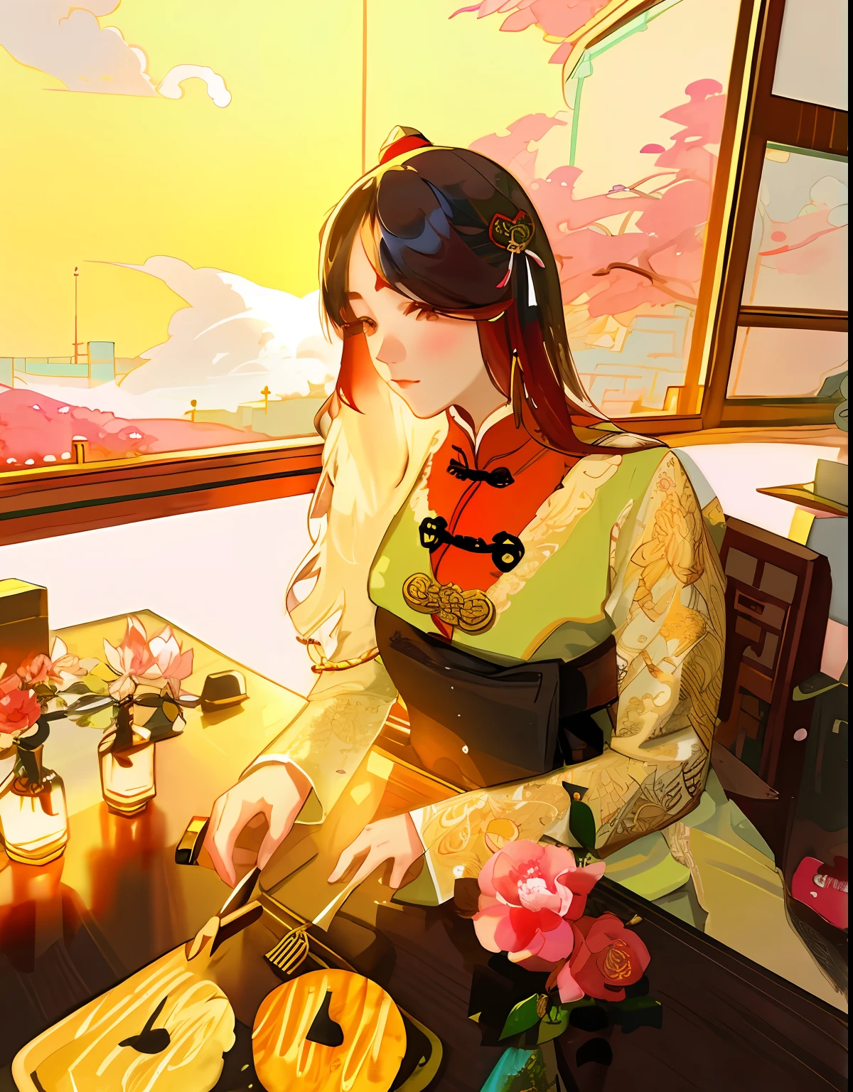 A beautiful Chinese girl, wearing peony hair accessories, wearing ancient Chinese clothing, beautiful details, rich light, beautiful female body, lancet eyebrow, meticulous eyes, flowing skirt, floating clouds, watercolor, ink painting, harmonious and unified tone, Xin Qi rendering, perfect art, fresh color background, ancient Chinese artist Qiu Ying style, soft shadow, Clean sharp focus, cinematography, center composition, poster design, cinematography, Panorama, 32K, -- v 6