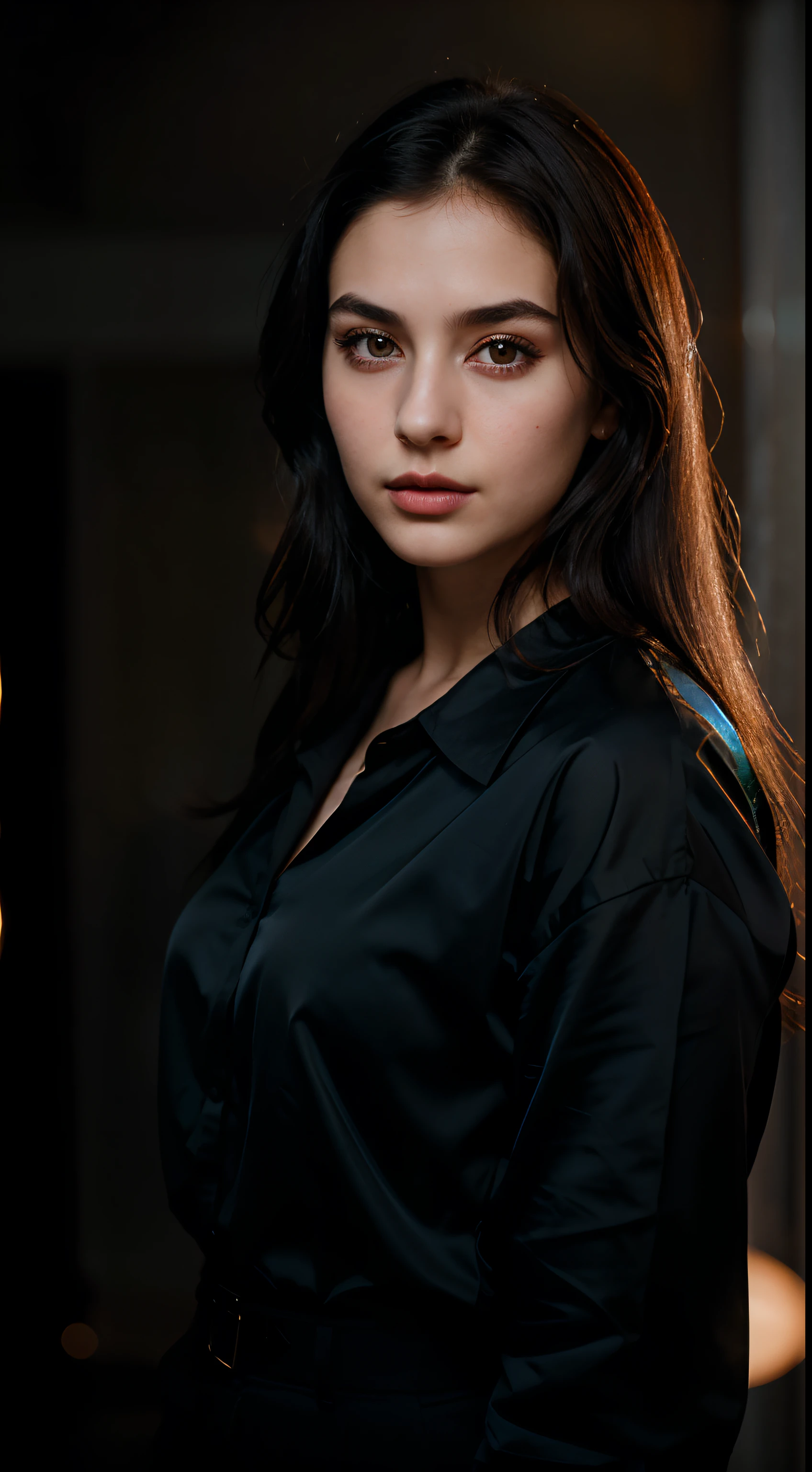 Portrait of ung 20yo woman, black hair, wearing wonderful shirt, perfect eyebrow, perfect lips, perfect nose, long hair, professional color graded, wonderful woman, dark background, cute russian woman, (rim lighting,:1.4) two tone lighting, sharp focus, unreal, dimly lit, low key,