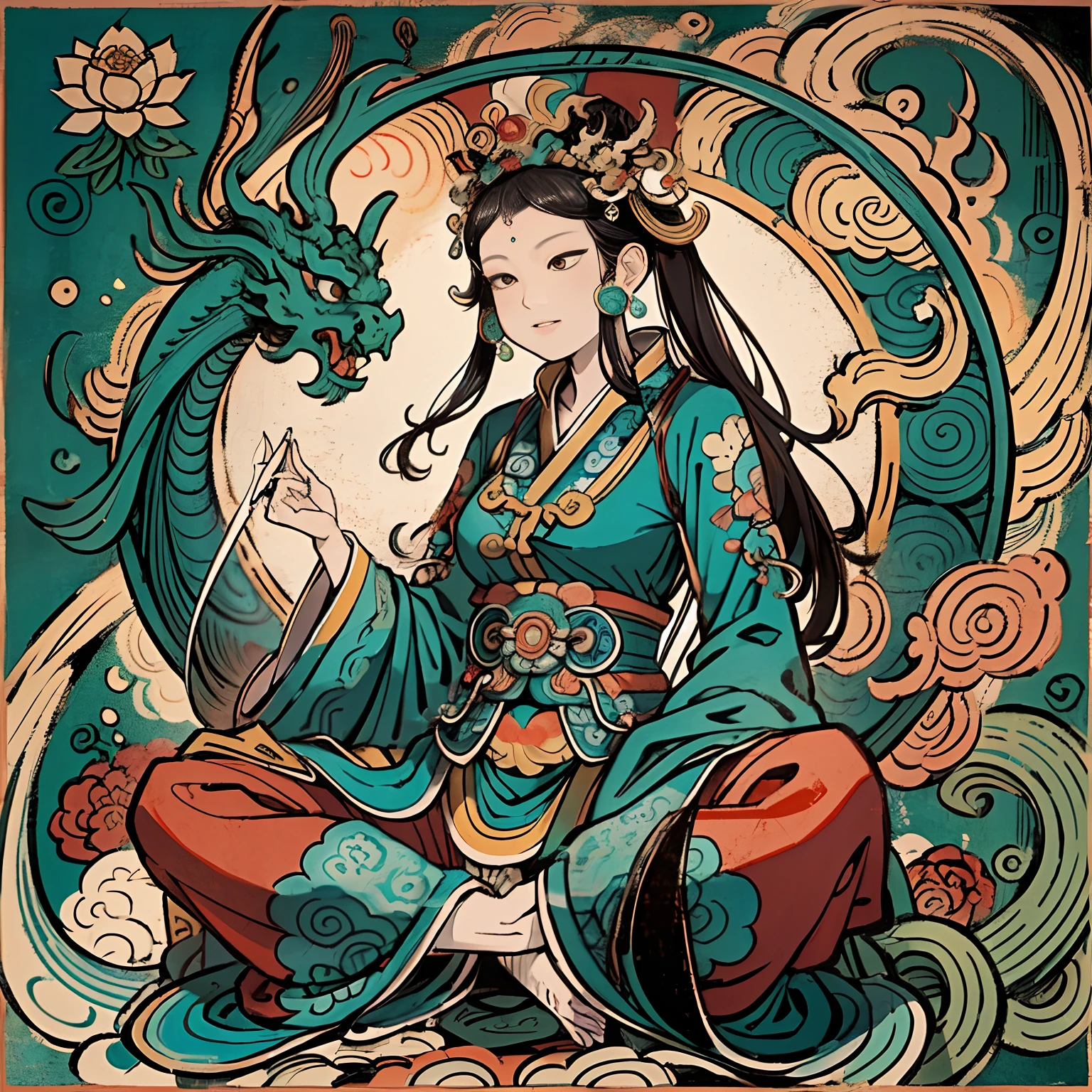 an ancient Chinese goddess, guanyin of the southern seas, Guanyin, Inspired by India, Avalokiteshvara rides a dragon,,Serene expression,shui mo hua,Buddha,Buddhist,Lotus,Chinese painting style,Thangka style