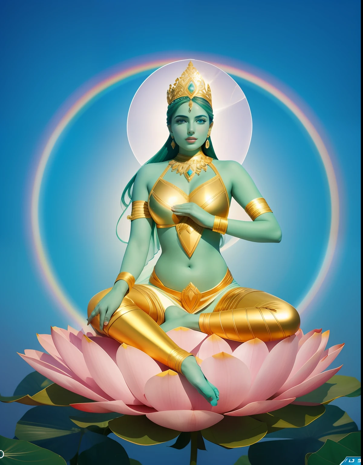 In the void, Beautiful virgin sitting leisurely，A lotus flower squeezed in his hand，The face is slightly tilted，Perfect curved pose，Delicate and radiant skin，Barefoot，（Long curved eyebrows），Beautiful eyes sparkle，The large, Jewel-like eyes sparkle，Clear pupils have reflected light，二重まぶた，Lying silkworm，looks into camera，（（Plump and rosy lips）） Clearly visible，（（Flushed cheeks）），The mandible is plump，Green skin is delicate and smooth，Delicate skin translucent，A delicate and dexterous crown，inlaid gemstones，Delicate and skillfully set gemstones，Perfectly designed jewelry is exquisite，Beautiful eyes looking directly at the camera，(((nice hand)))，（（（（Good feet））），（（（good legs））），realisticlying，white skinned，（（Correct body structure）），Golden costume，Blue sky，Head background with round light，Behind him is a colorful rainbow circle，Color glow is turned on，Front lighting，Positive light，No shadows on the face，There are no shadows on the body，Blue sky，Unreal space，ethereal world，dreamworld，with blue sky and white clouds，tmasterpiece，4K，ultra-definition，professional photoshooting，Perspective looks up，Standard lens shooting，