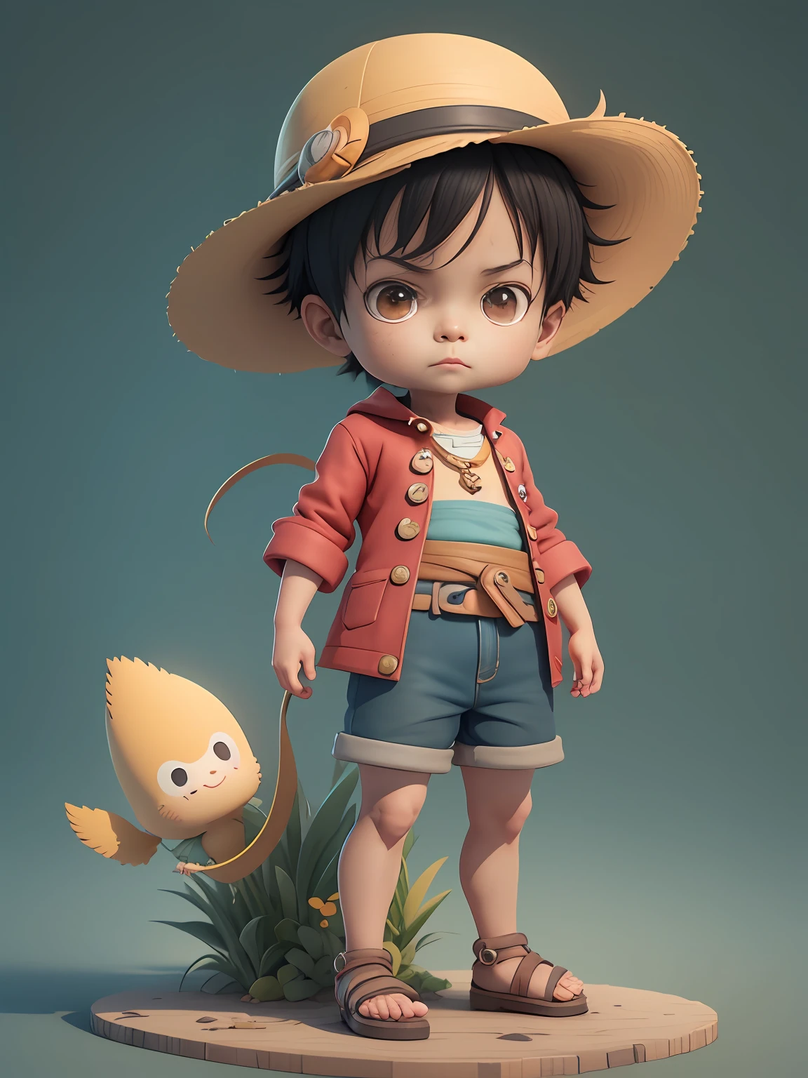 cute 3d render, cute detailed digital art, male explorer mini cute boy, cute digital painting, stylized 3d render, cute digital art, cute render 3d anime boy, luffy the little pirate looks up, cute! c4d, portrait anime sea pirate boy, he is wearing an open long-sleeved red cardigan with four buttons, with a yellow sash tied around his waist, blue shorts with cuffs, sandals.