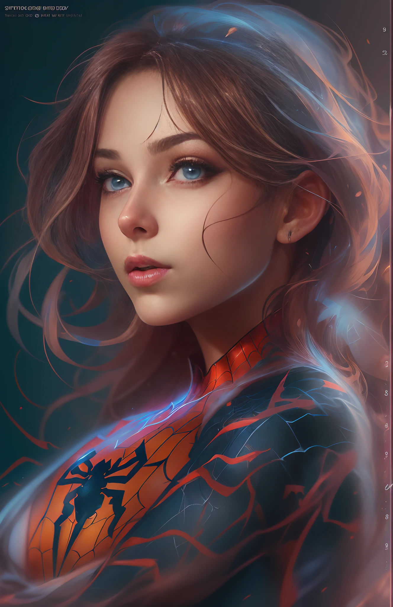 (Award Winning Digital Artwork:1.3) of (Sketch:1.3),(Energetic:1.3) Spidey, EmmaRob,CGSociety,ArtStation,(Saturated:1.3),(close portrait:1.3),(Feminine:1.4),(beautiful:1.4),(attractive:1.3),handsome,calendar pose,perfectly detailed eyes,studio lighting,thematic background