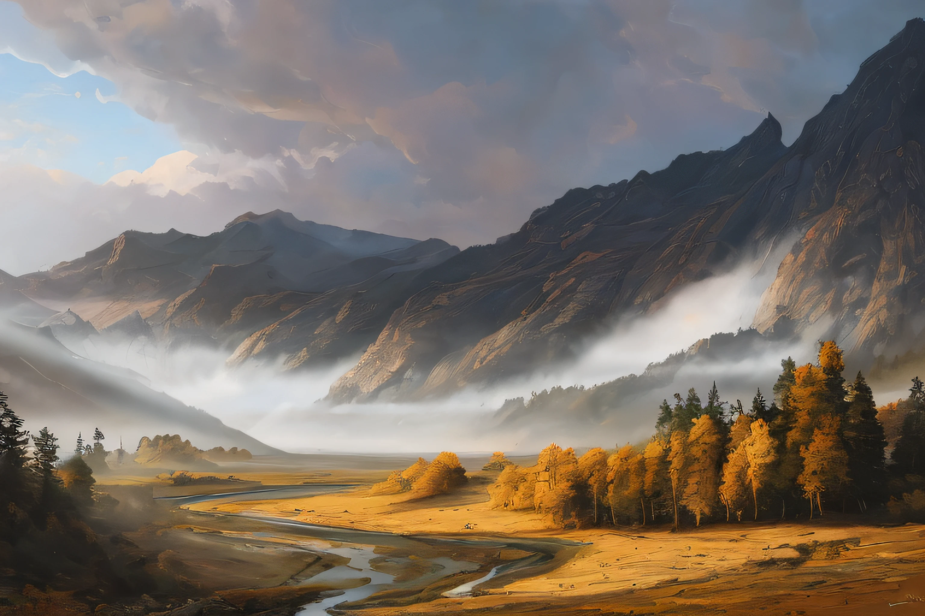 samdoesarts style. physical palette knife painting, thick Oil paint, stunning landscape, vast scale, soft colors, muted contrast, extremely detailed and intricate. landscape, hills, deciduous forests,
God rays, sharp focus