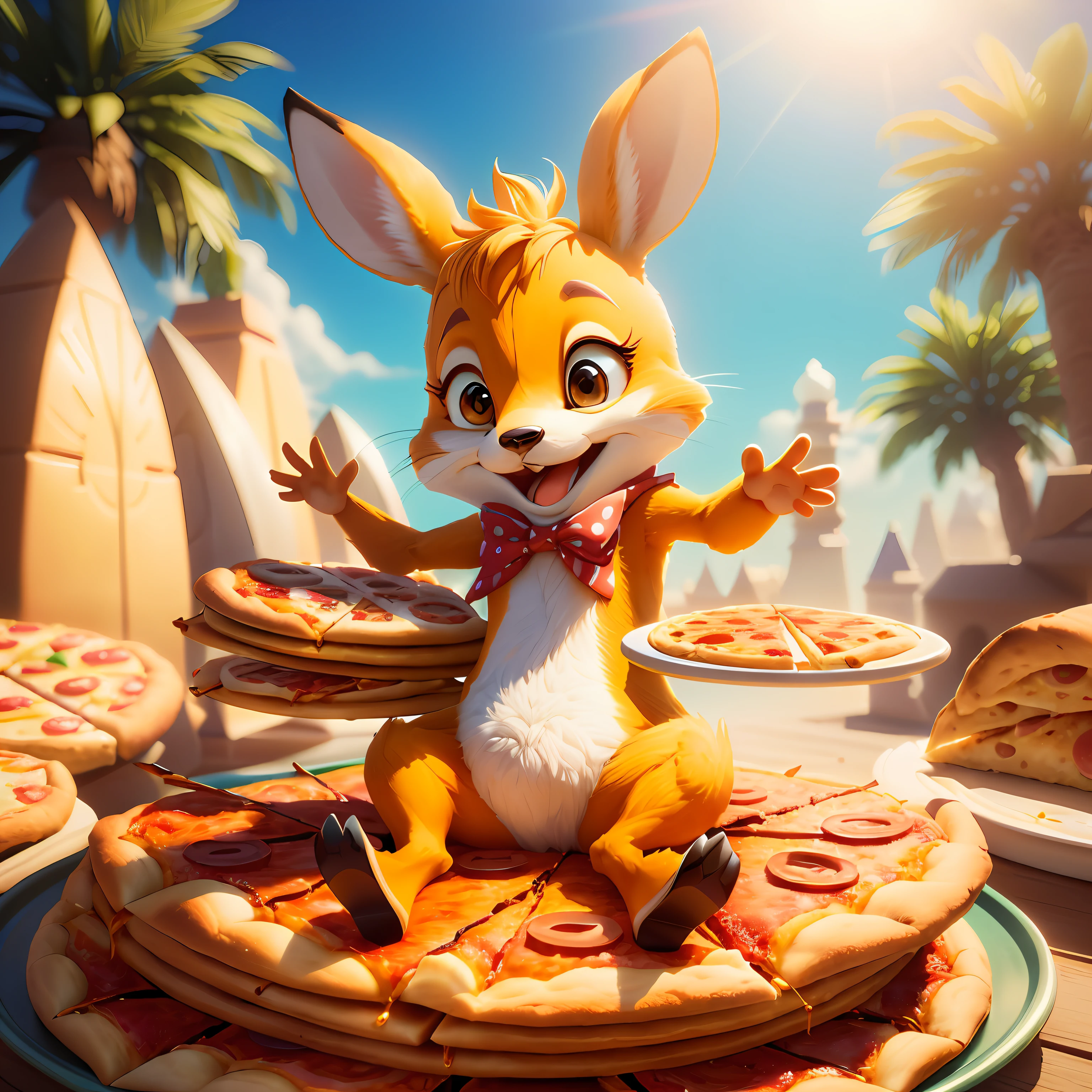 A cartoon fox sits on a plate of pizza, Pixar Zveropolis. 3D рендеринг, adorable digital painting, cute 3 d render, Cute anthropomorphic rabbit, highly detailed cartoon, 3 d render stylized, Blender Eevee Render, cute detailed digital art, Pizza presentation, In Zootopia, "Portrait of a cartoon animal, cute cartoon character