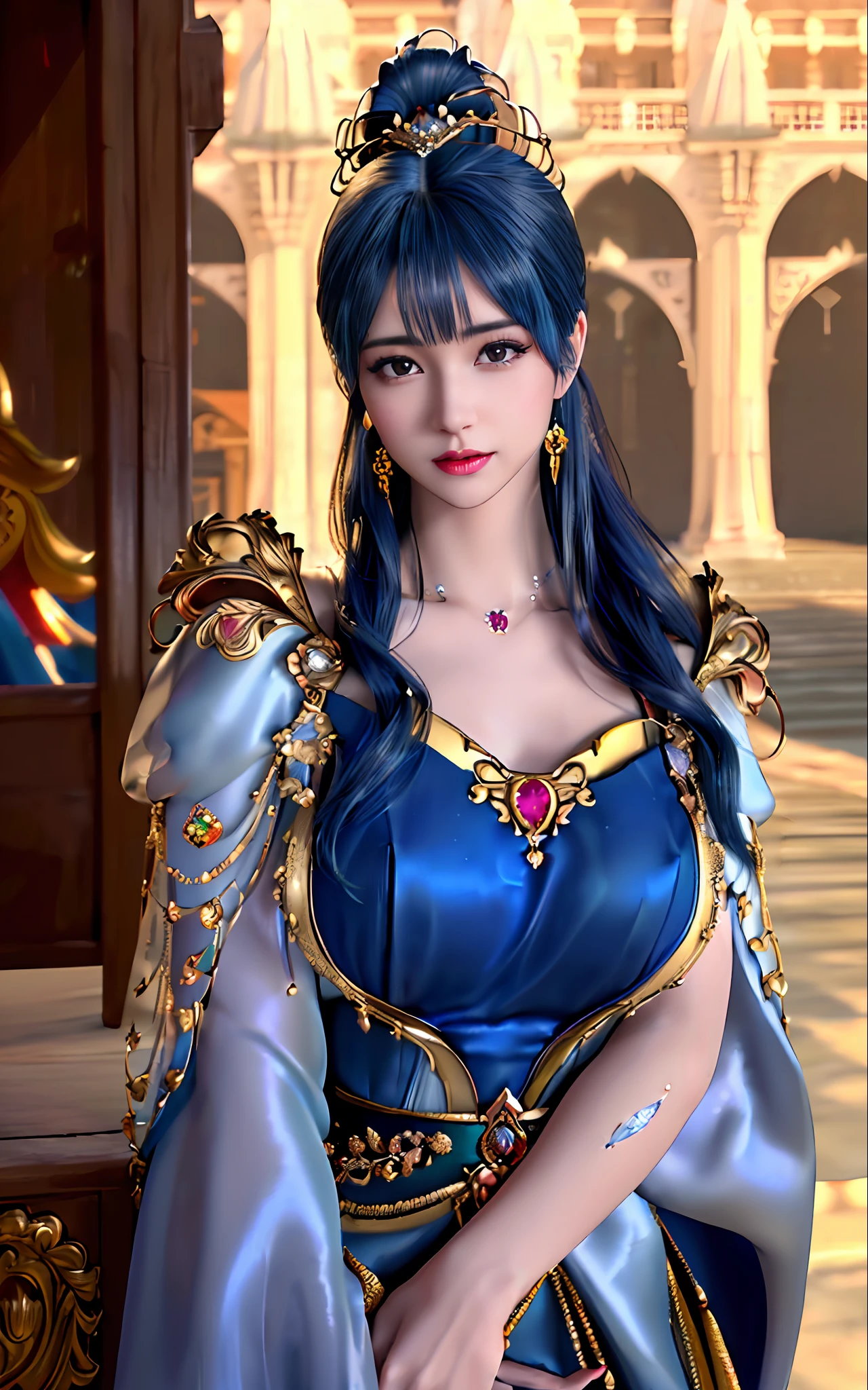 ((realisticity: 1.2)), ((best resolution: 8K UHD)), best quality,masterpiece,highres,cg,
((1 super detailed and super realistic girl)), ((very beautiful queen dazzling, super realistic, and super detailed)),((white skin, beautiful, smooth, youthful, super realistic and super detailed
)), long hair, ((super realistic and super detailed dress)), solo, ((super realistic, super beautiful, gorgeous and super detailed jewelry)), ((super beautiful, super realistic and super detailed dark red and golden yellow dress)),
((super beautiful, super realistic, super detailed diamond filled earrings)),
((super beautiful, super realistic and super detailed diamond filled hair ornament)), ((super beautiful upper body, super beautiful, super realistic and super detailed)), ((big breasts: 2.5)),
((super grand, super realistic and super detailed royal palace backgroun))
((super beautiful, super beautiful, super realistic and super detailed hair bun)), ((super beautiful, super realistic and super detailed blue hair)),
candid, Photograph, high resolution, 8k,Bokeh,
