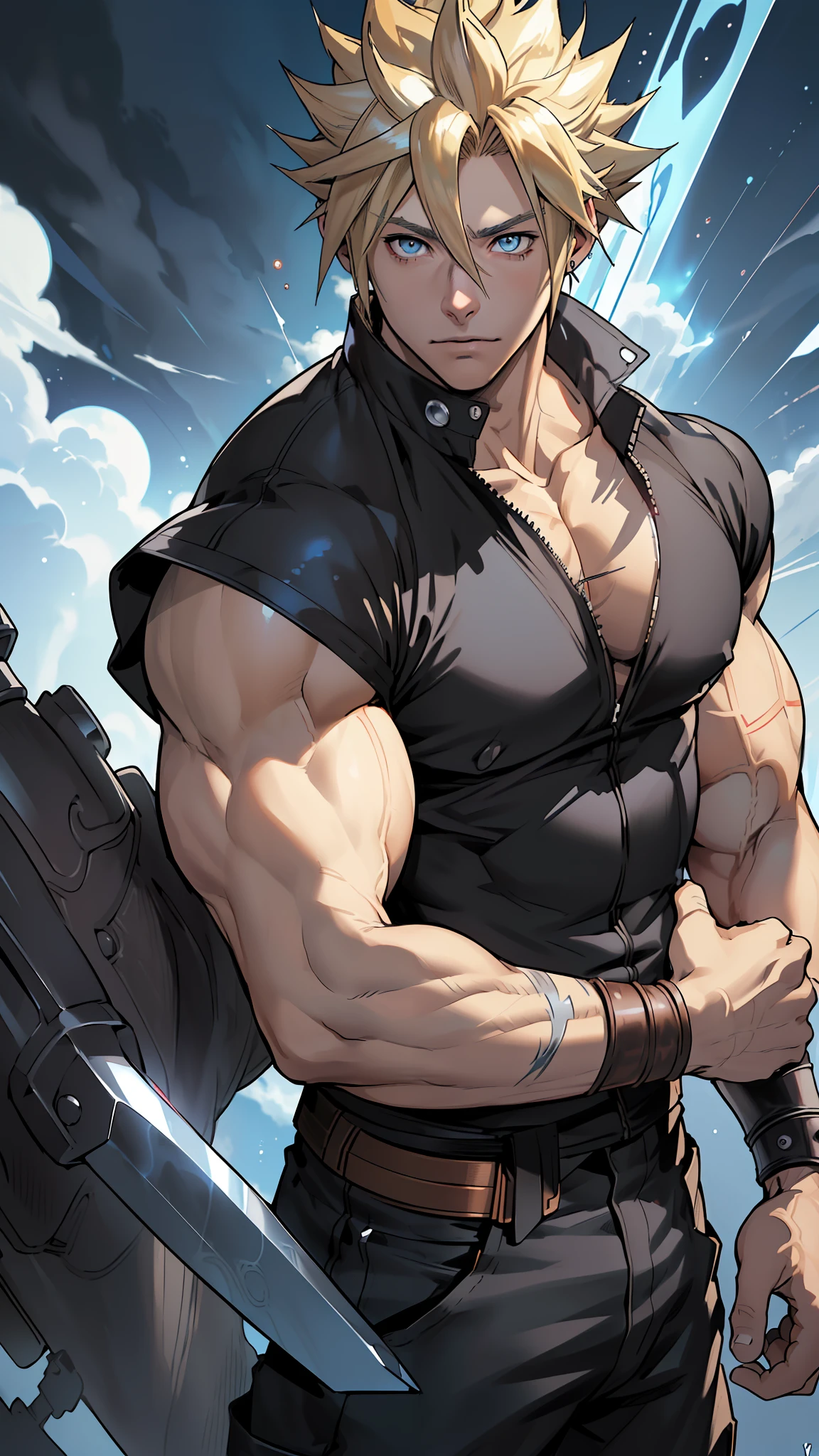 (anime) . Male (man ((Cloud Strife))), blue eyes, blond hair, black t-shirt, jean pant, in the space  . (Masterpiece: 1.8), (64k quality), (final fantasy artwork concept), detailed (manga eyes + hair + clothes + body + face + colors + shoulders + eyes (globular + transparent + liquid) + (sharper drawings) + (shiny jewelry) + (clothes folds) + (rounded eyes) + (consistent clothes) + (clothing features) + (eyes line), better (colorful + (coarser line) + (black line) + finishing . [Drawing] (Anime (Manga (Comics))) + (Coarse Line: 1.8) + (Black Line: 1.8) + (Color: 1.8) + (Clean: 1.8) + (Contrast: 1.8) + (Black Outline: 1.8) + (adjusted colors: 1.8) + (shadow set: 1.8) + (manga eyes: 1.8) + ((muscle: 1.8)) + ((bodybuilder: 1.8)), ((made homogeneous: 1.3))