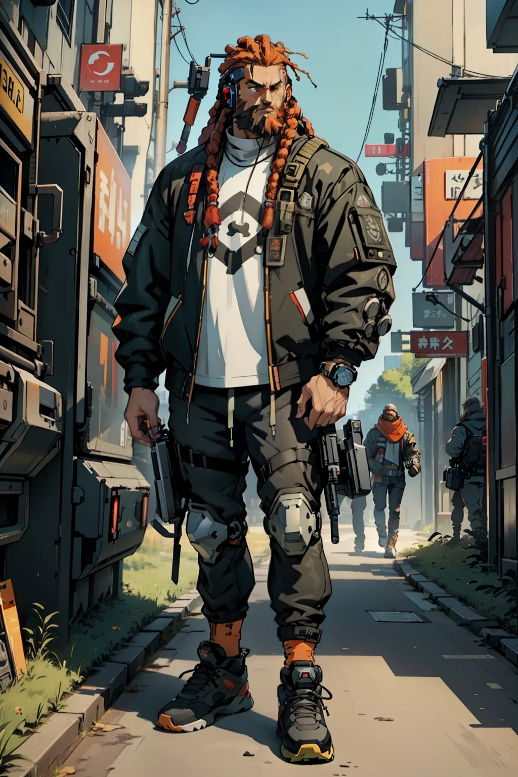 Standing Wear) 3D Game Animation,Holding a large machine gun in each hand、3D-Game Anime, Holding a large machine gun、wearing casual clothing, Big man with orange dreadlocks and beard, Fashionable Cyber Eye Covers,Fashionable trainers、 Large machine guns, Art Station, in 8K, depth of fields, A man with a very beautiful face , , Cyberpunk , Big body, Half-faced cyborg, , Stand on the lawn, A futuristic, Big Head Earphones, Fashionable man, Only one man, , Full body vision,