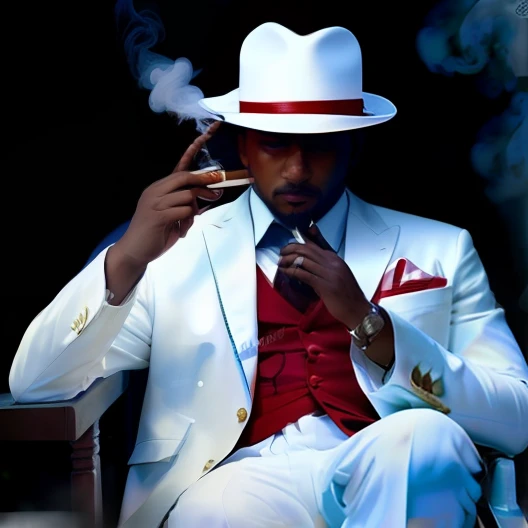 Araffe vestido com um terno branco e gravata vermelha fumando um cigarro, white suit and hat, vestindo terno branco, Mafioso, a suited man in a hat, Directed by: Willy Bo Richardson, in style the seated demon, Directed by: Tiago Terrell, fumar e segurar uma arma, terno branco, subject action: fumar um charuto, com charuto, vestindo terno branco futurista, Tabagismo