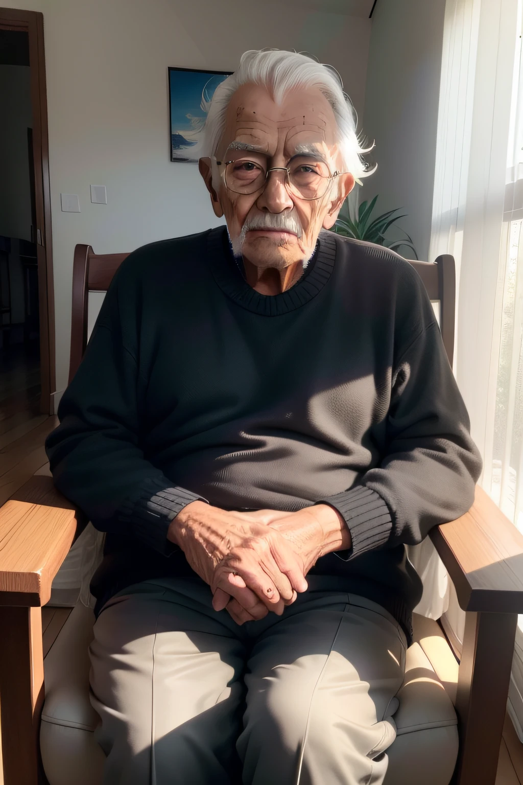 homem velho (cerca de 80 anos de idade) pele preta, desgastado, cabelos brancos, olhos evidentes, olhos castanhos, expression marks on the face in high quality, olhos brilhantes e vividos, wearing sweater, a black pants, qualidade exepcional, olhando para frente, casa velha, sitting in a comfortable armchair, raia de luz solar batendo no rosto, pose casual, esthetic, intrincada, caustic, raios de luz, luz solar, imagem frontal,