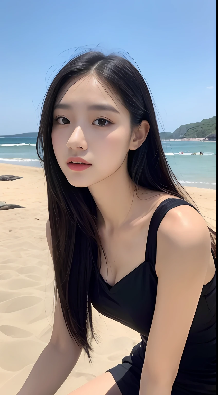 ((best qualtiy,8K,tmasterpiece:1.3)), 1girll, full bodyesbian, Slim Faces, Beautiful woman, (Black color hair), Super detailed face, Detailed eyes, 二重まぶた, blur backgroun, Slim Faces, beachside, do lado de fora, sandbeach,full bodyesbian,Sat down