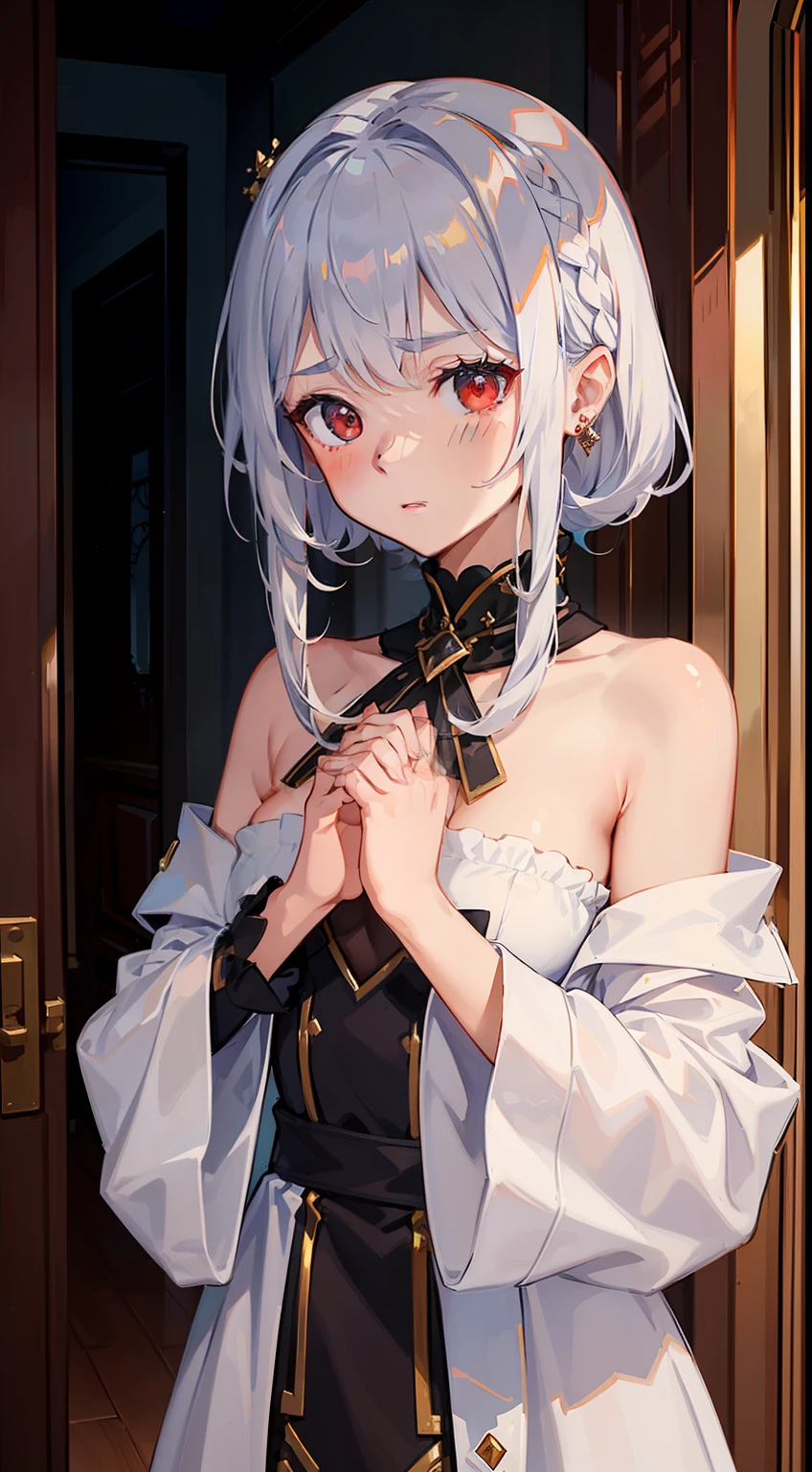 ((masterpiece:1.2、top-quality)), ((Put your hands on your chest)), ((Shy face)), ((Troubled eyebrows)), ((red blush)), 1 Whole body of a girl, elvish, ((silber hair)), Red Eyes, bob cuts, Braided hair, rubbersuit, inside in room, speculum, gender change, concept-art, beautiful anime scene, Beautiful anime scenery, top-quality, masterpiece