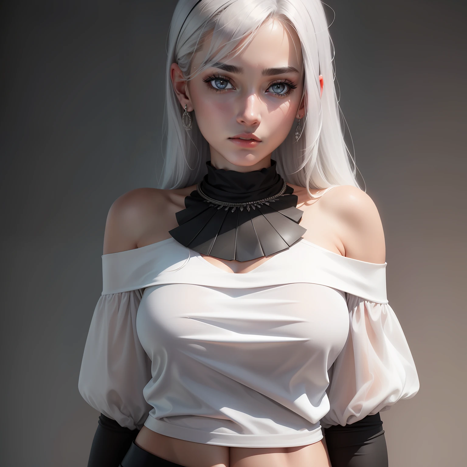 Best Quality, Ultra High Resolution, (Realistic:1.4), 1 Girl, Off-the-Shoulder White Shirt, Black Tight Skirt, Black Necklace, (Faded Gray Gray Hair:1), (:1.2), Looking at the Viewer, Close Up ,