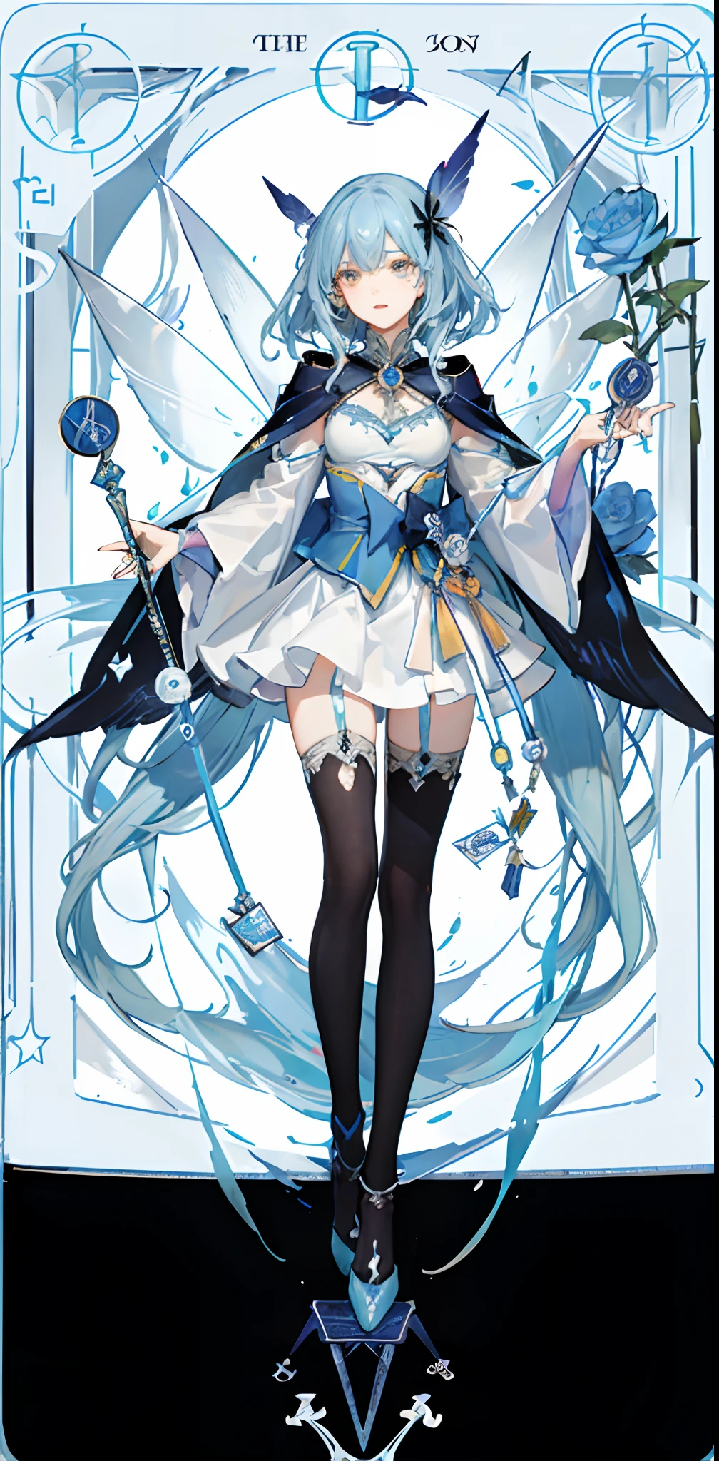 (Golden Ratio:1.2),(rose graffiti:1.2),(fault color:1.3),[(white background:1.4)::10], (full body:1.2),(ultra-detailed:1.3),(tarot:1.6),(the magician (tarot):1.6),

(paper:1.2),(fairy:1.6),(fairy wings:1.2),full body, standing in the air,(cool:1.2),(red long hair),(butterfly hair ornaments),(flower hair ornaments:1.0),((sandal,Locket)),(colorful cocktail long dress:1.0)+(Loose sleeves coat :1.3)+(floting colorful tassel and ribbon :1.2),(White stockings:1.2),

(colorful ink paper flower grow on the face:1.2),(colorful flower sea:1.3),

(chaotic geometric images:1.3),(nagative space:0.8),(drawing board:1.3),

(ether colorful ink flowing:1.3)